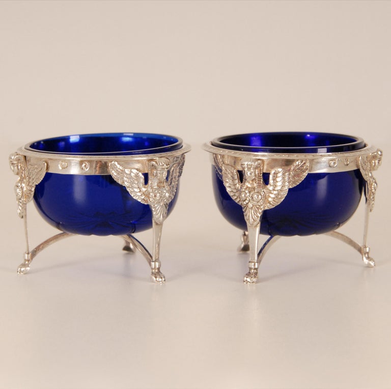French Empire Sterling Silver Salt Cellar Blue Glass Liners Return from Egypt For Sale 6
