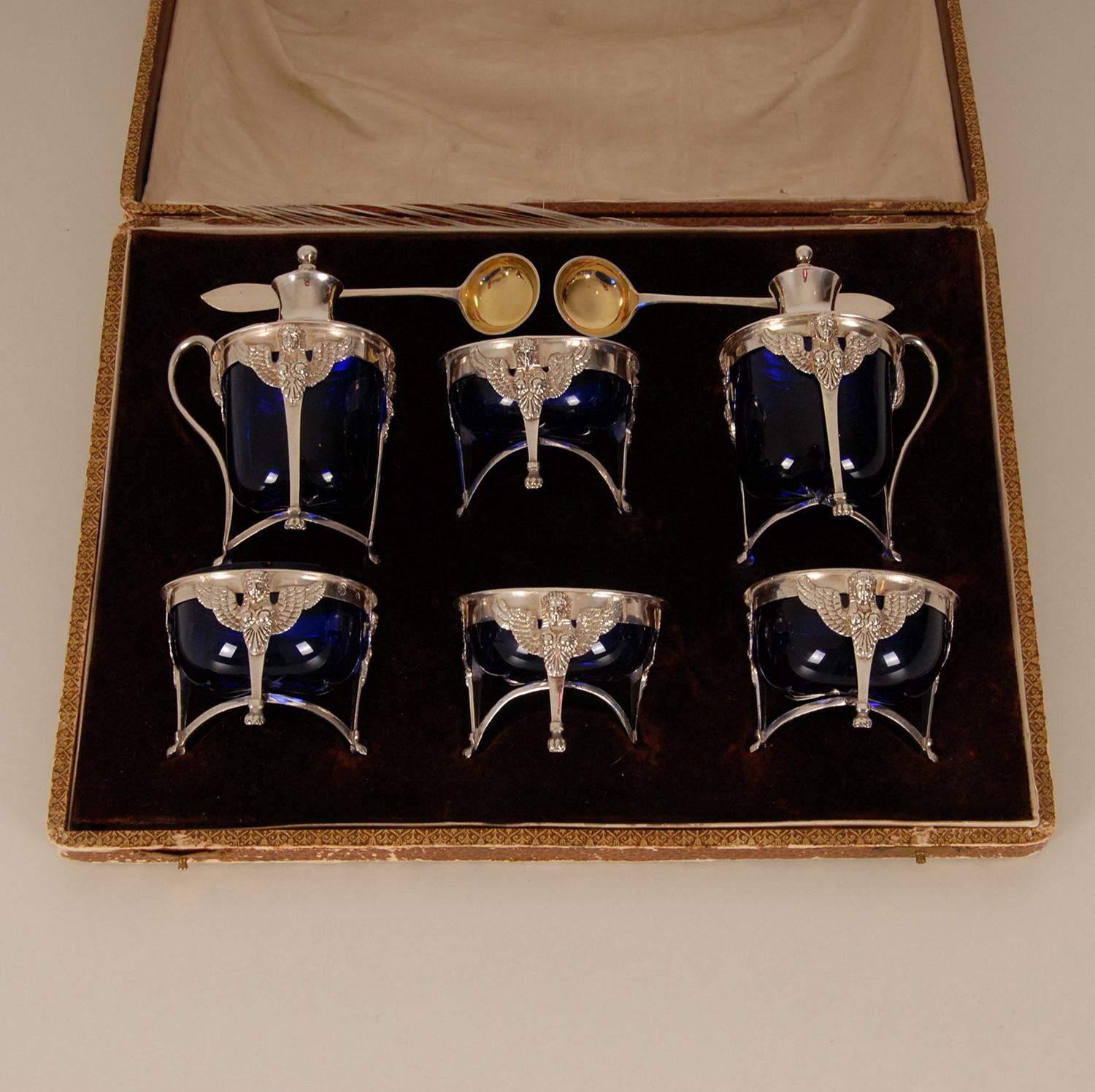 French Empire Sterling Silver Salt Cellar Blue Glass Liners Return from Egypt For Sale 7