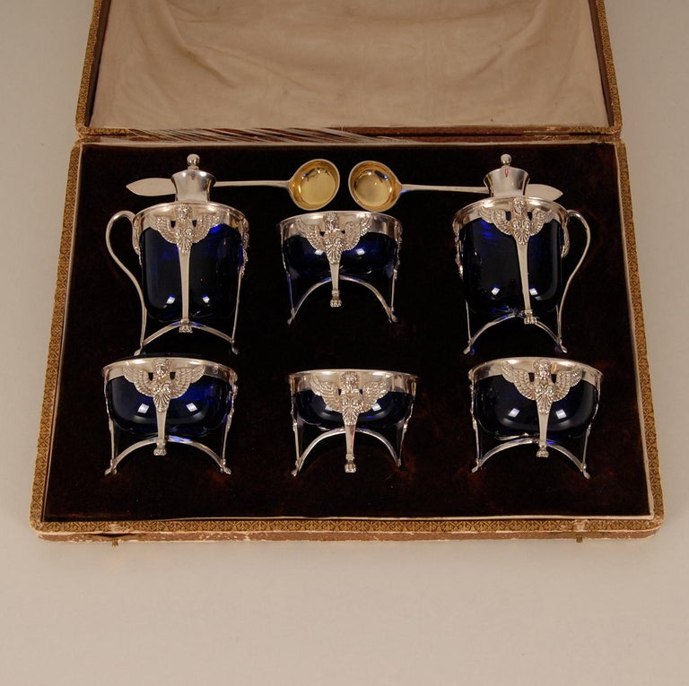 French Empire Sterling Silver Salt Cellar Blue Glass Liners Return from Egypt For Sale 8