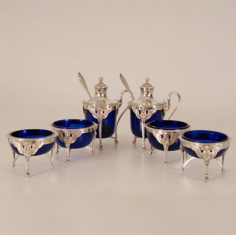 French Empire Sterling Silver Salt Cellar Blue Glass Liners Return from Egypt For Sale 9