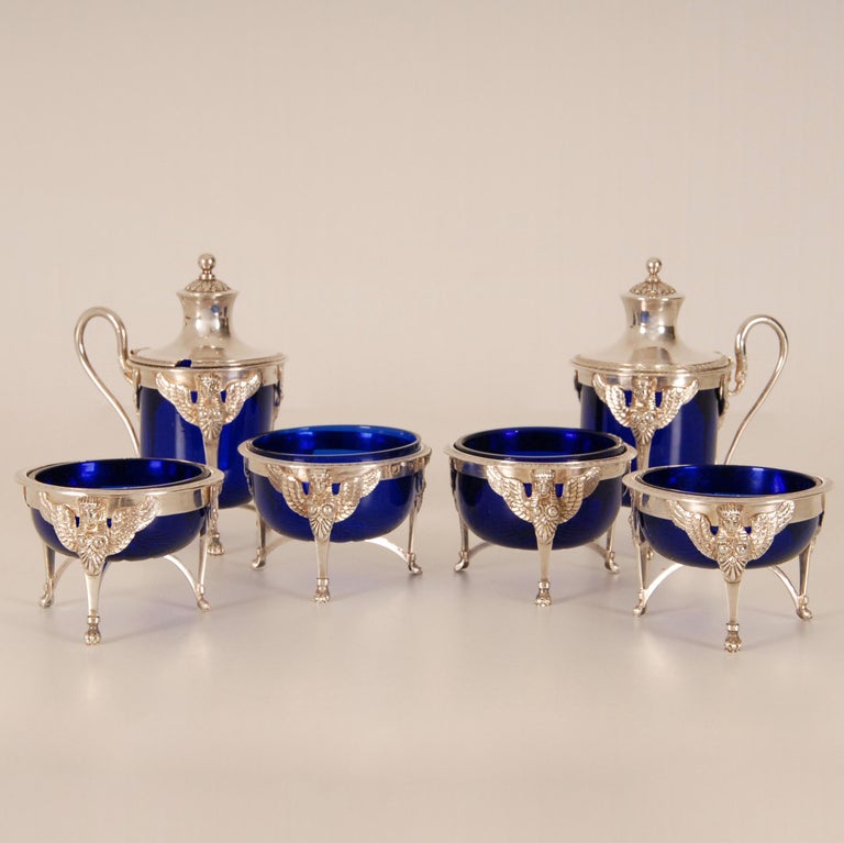 French Empire Sterling Silver Salt Cellar Blue Glass Liners Return from Egypt For Sale 10