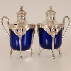 French Empire Sterling Silver Salt Cellar Blue Glass Liners Return from Egypt