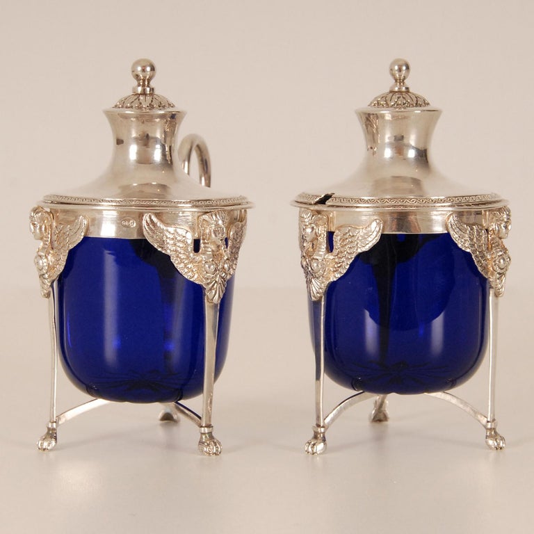 Cast French Empire Sterling Silver Salt Cellar Blue Glass Liners Return from Egypt For Sale