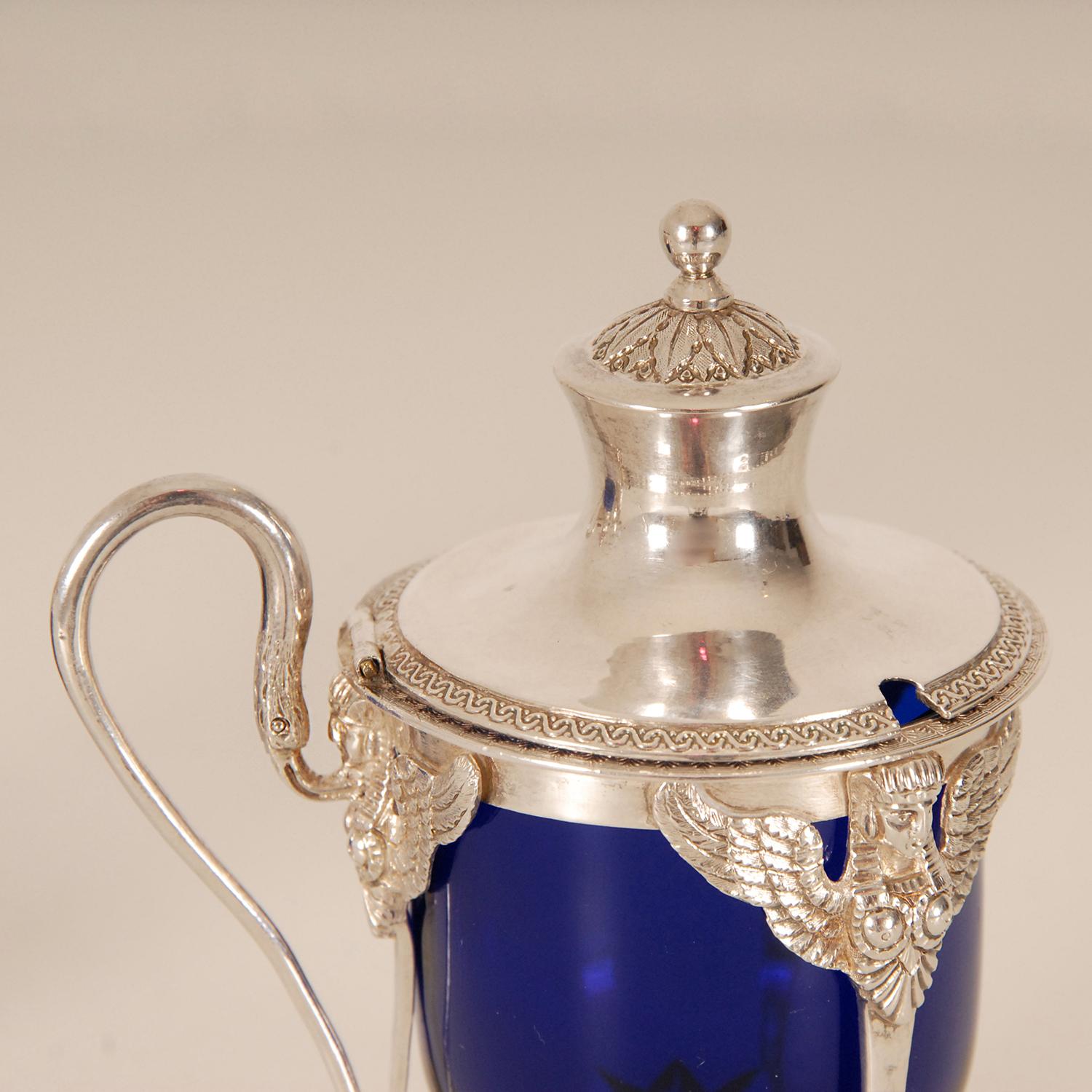 19th Century French Empire Sterling Silver Salt Cellar Blue Glass Liners Return from Egypt For Sale