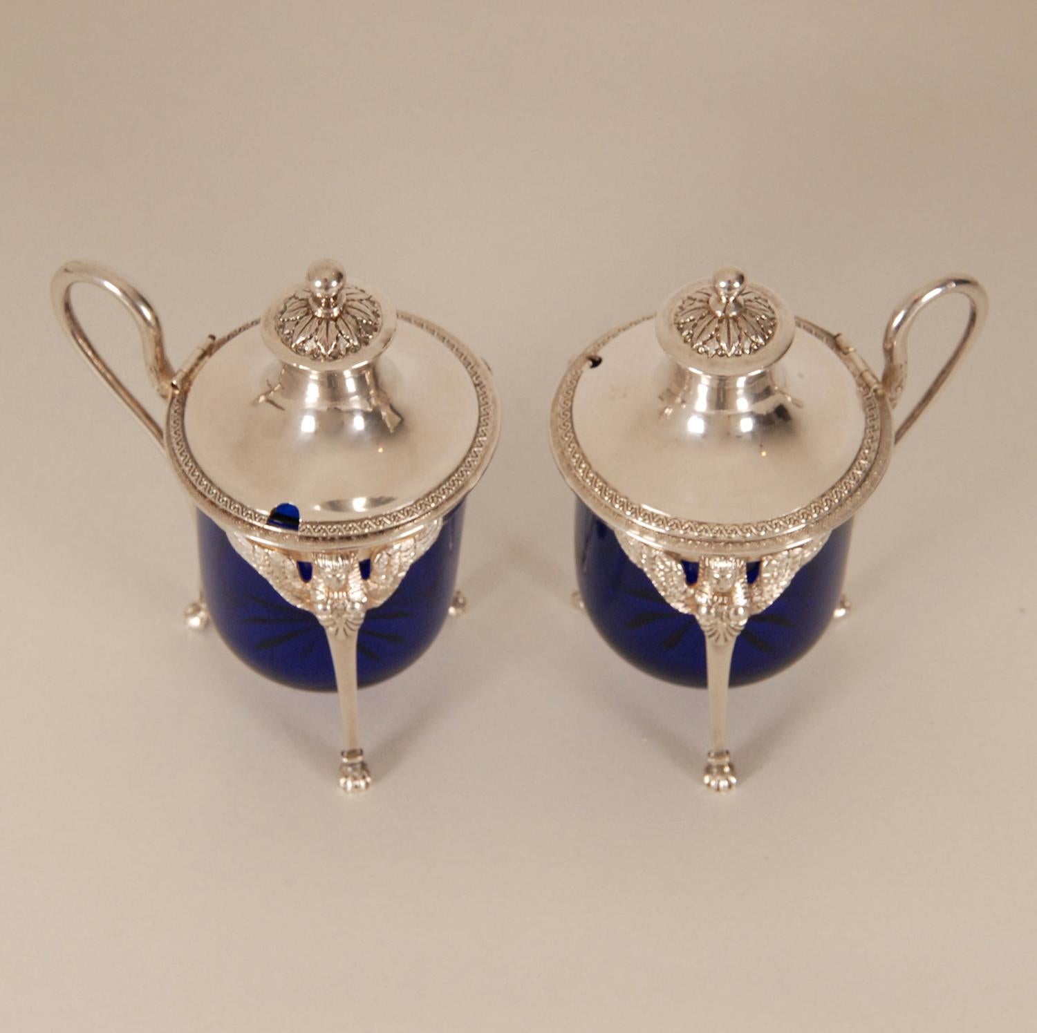 French Empire Sterling Silver Salt Cellar Blue Glass Liners Return from Egypt For Sale 1