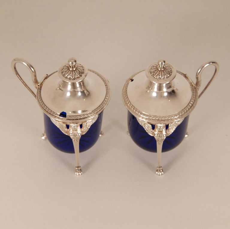 French Empire Sterling Silver Salt Cellar Blue Glass Liners Return from Egypt For Sale 2