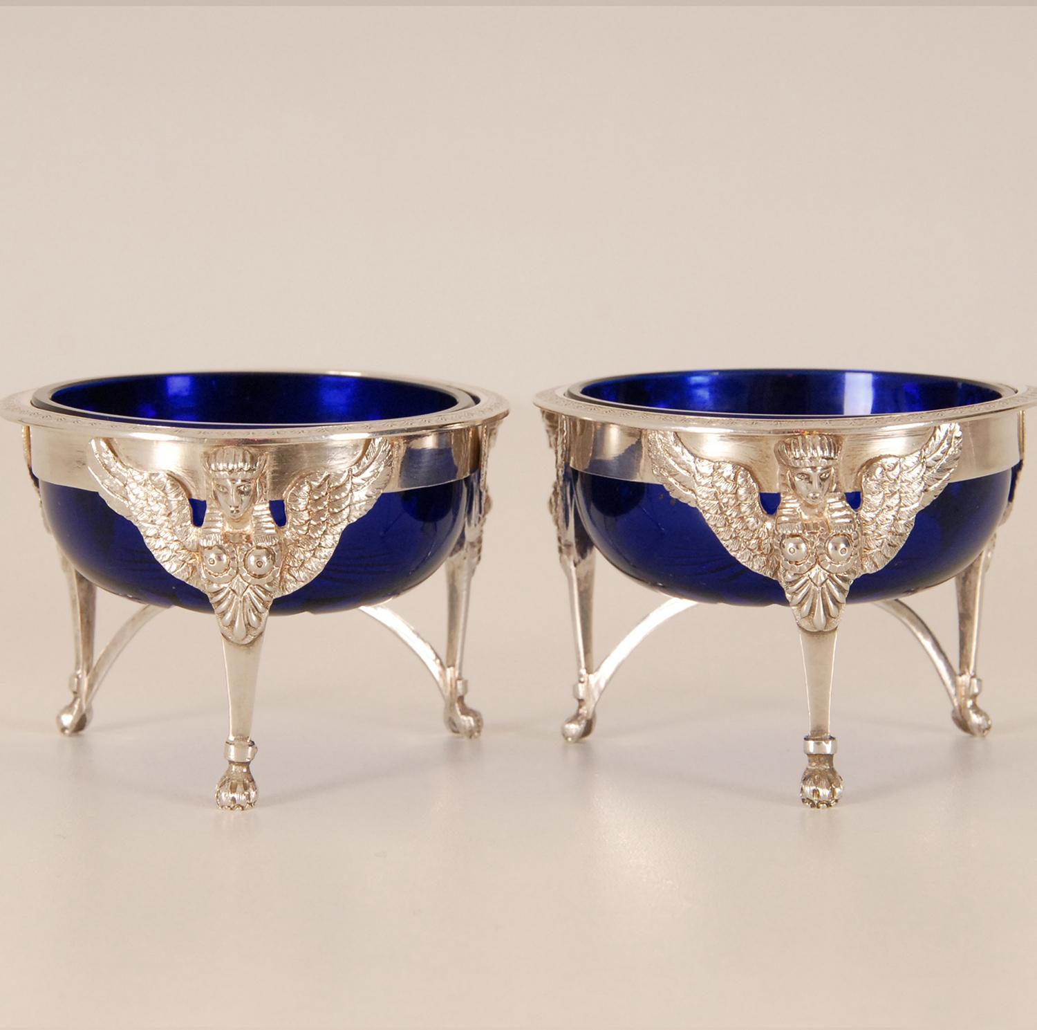 French Empire Sterling Silver Salt Cellar Blue Glass Liners Return from Egypt For Sale 2