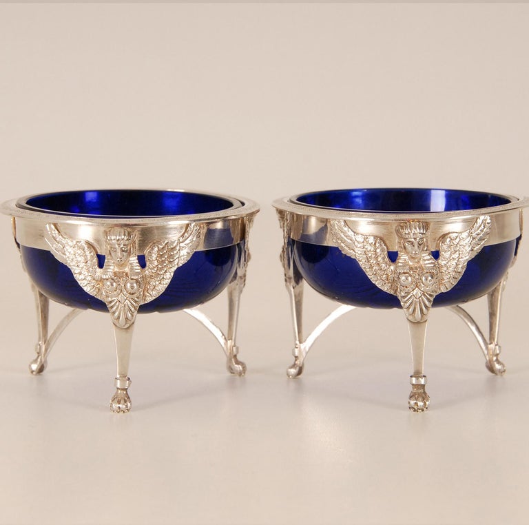 French Empire Sterling Silver Salt Cellar Blue Glass Liners Return from Egypt For Sale 3