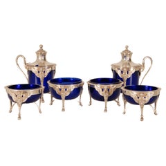 French Empire Sterling Silver Salt Cellar Blue Glass Liners Return from Egypt