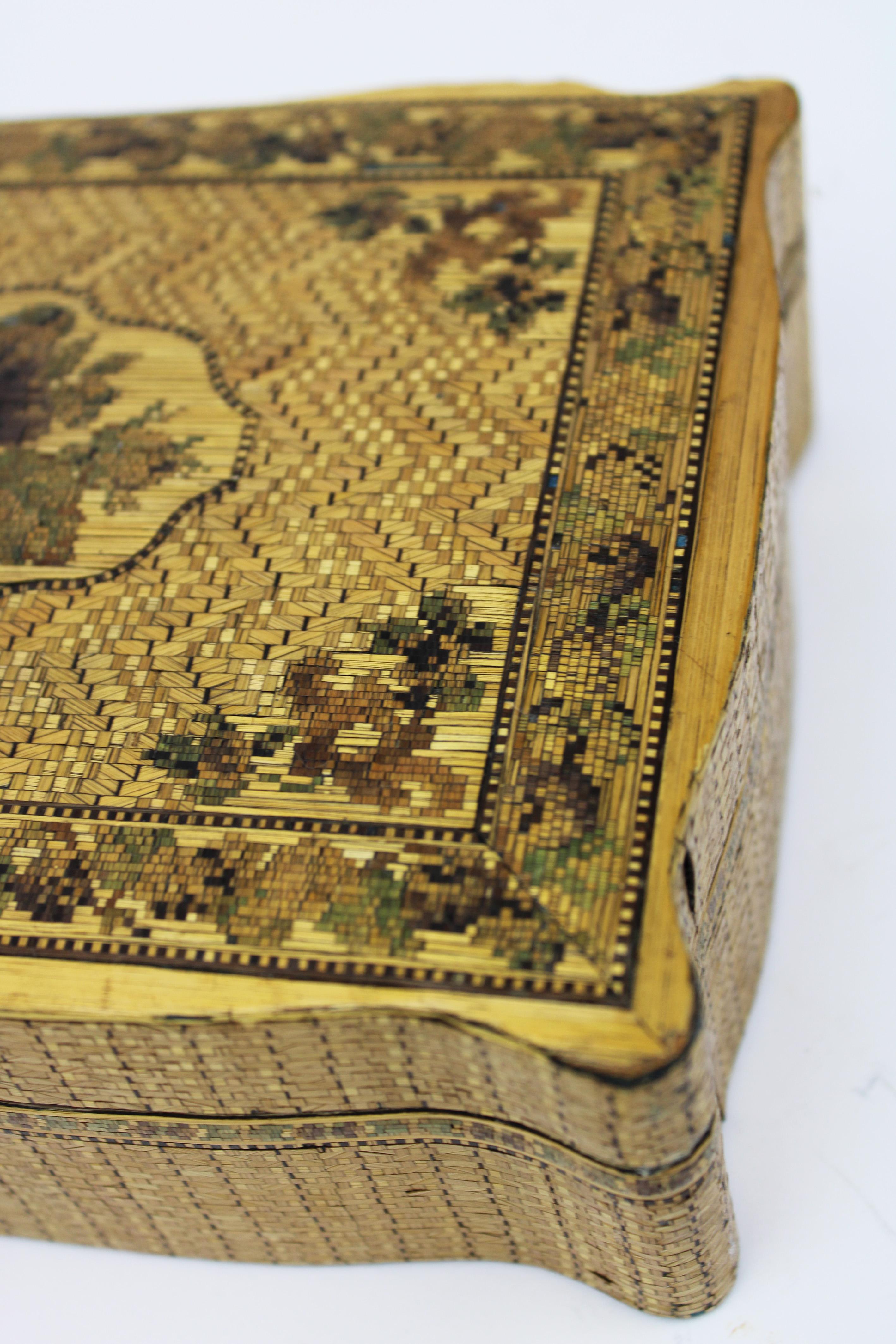 English 19th Century Napoleonic Prisoner of War Marquetry Straw Veneer Box England For Sale