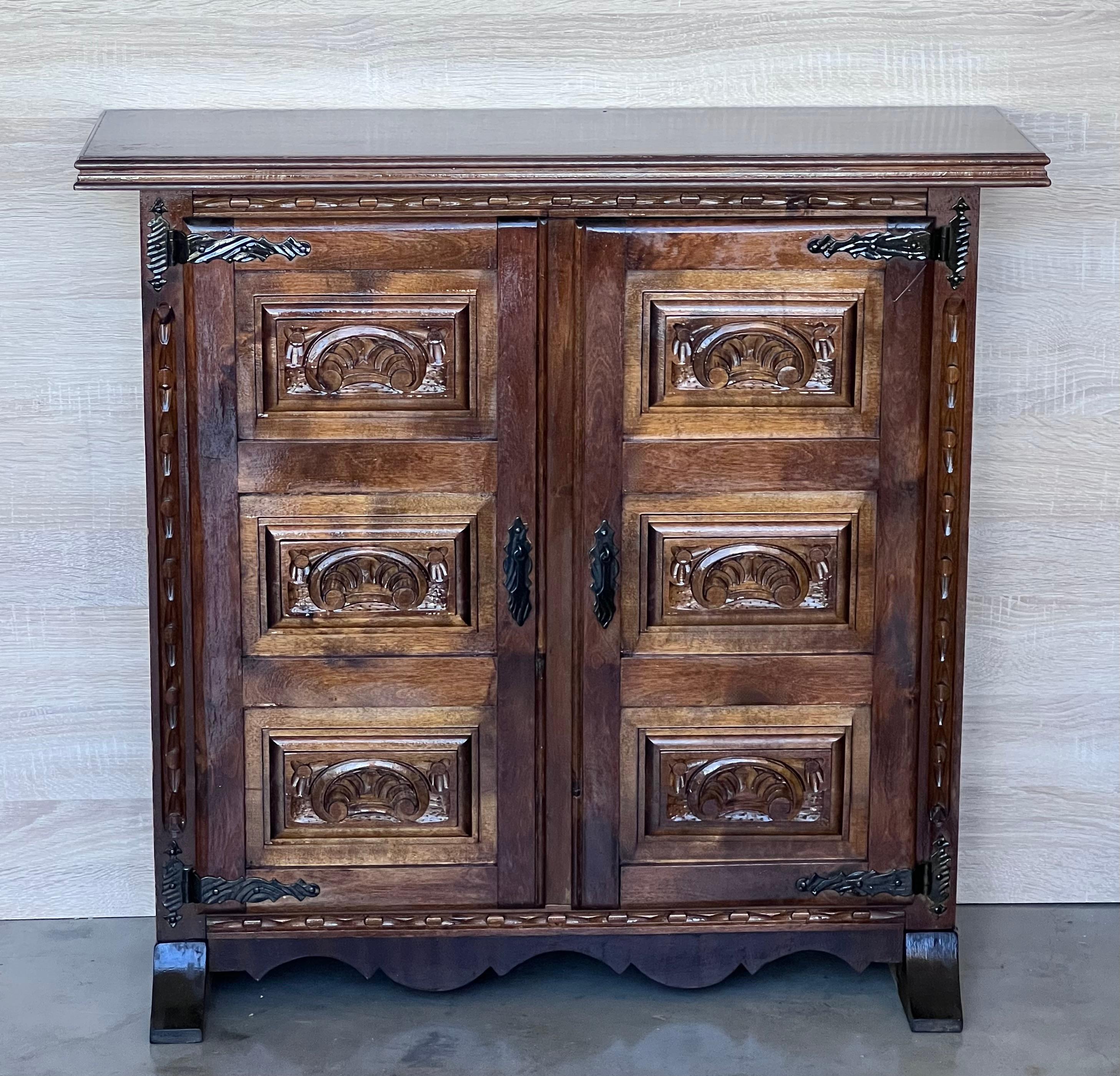Late 19th Century 19th Century Narrow Catalan Spanish Baroque Carved Walnut Credenza or Buffet For Sale