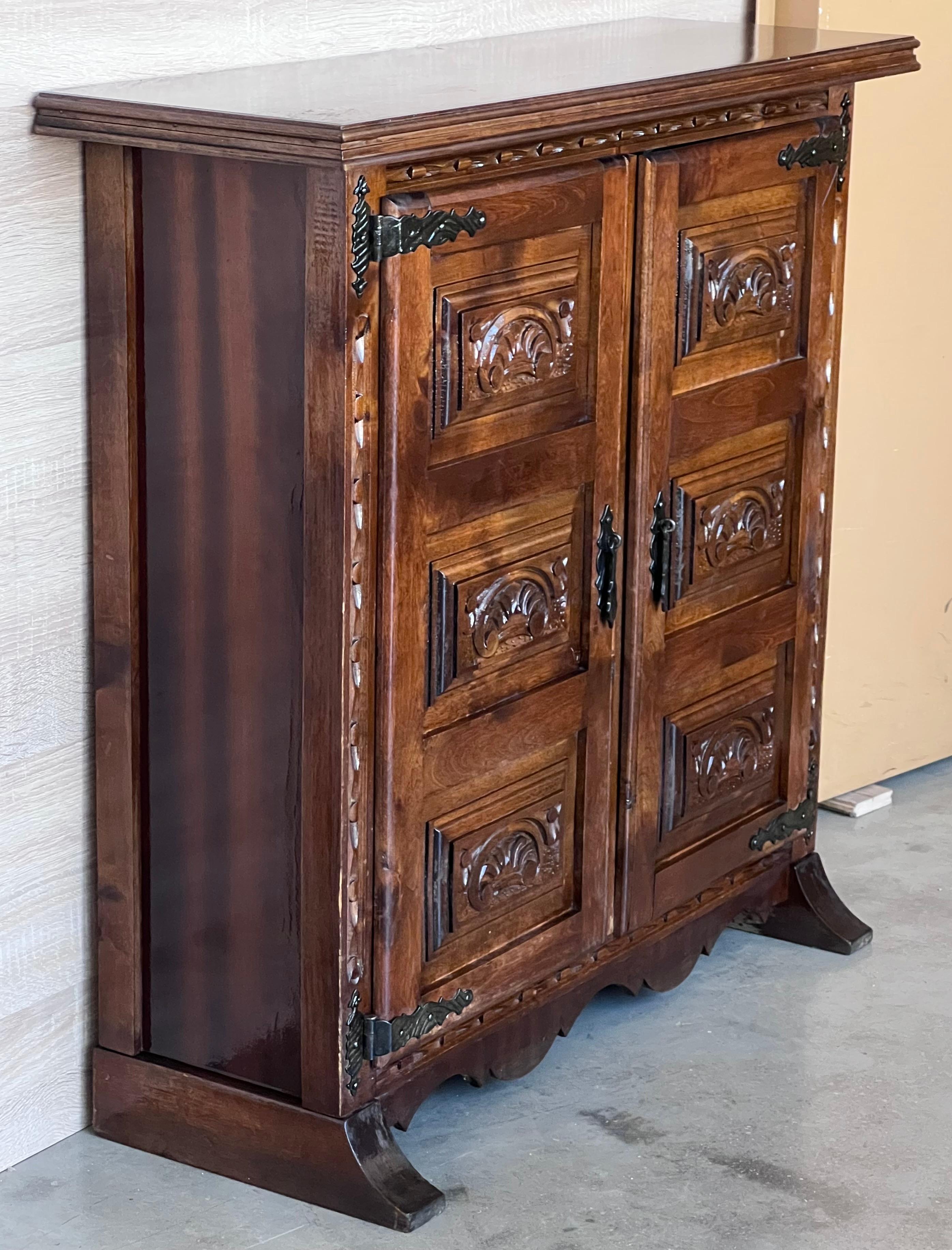 Iron 19th Century Narrow Catalan Spanish Baroque Carved Walnut Credenza or Buffet For Sale