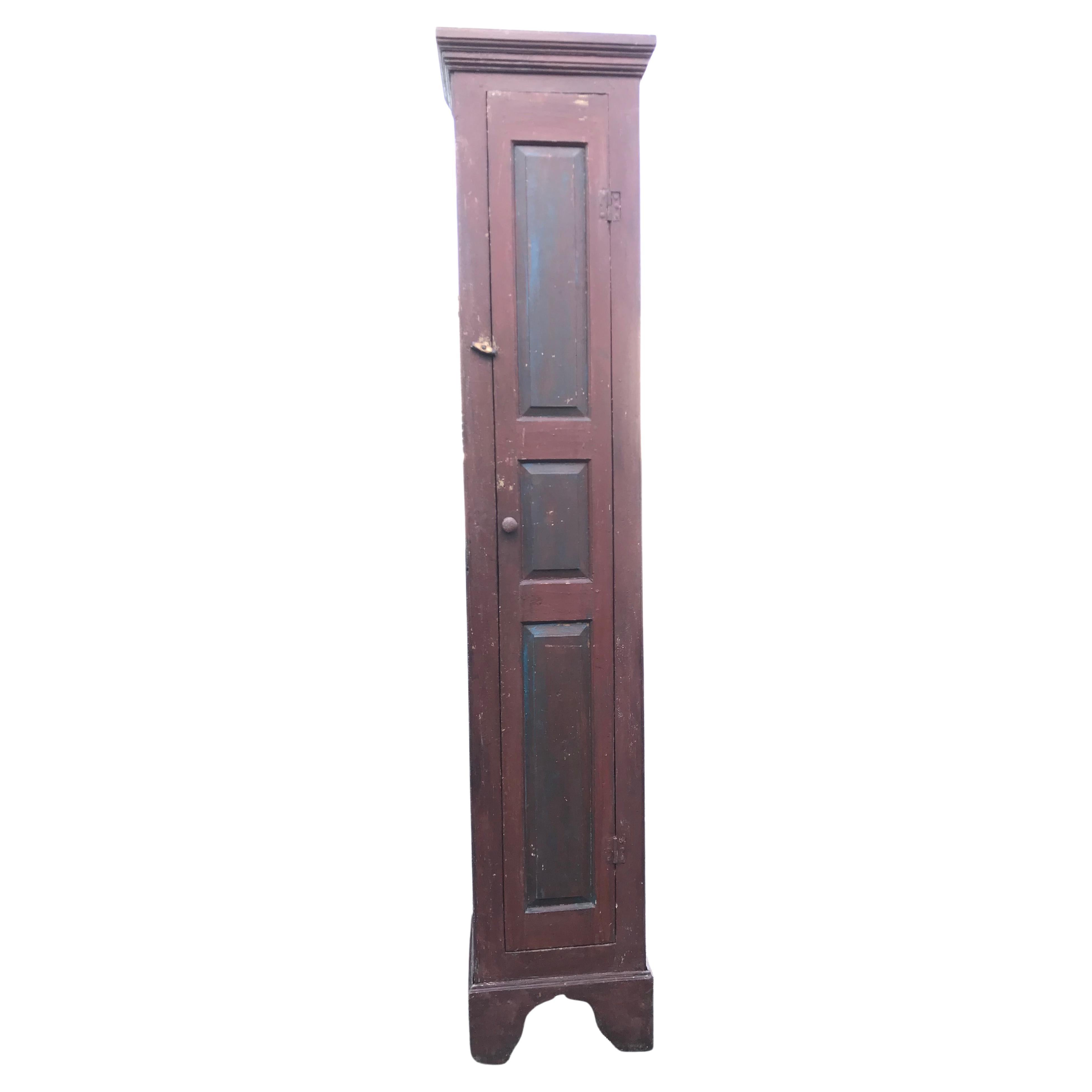 19th Century Narrow "Chimney Cupboard" in Old Red Paint For Sale