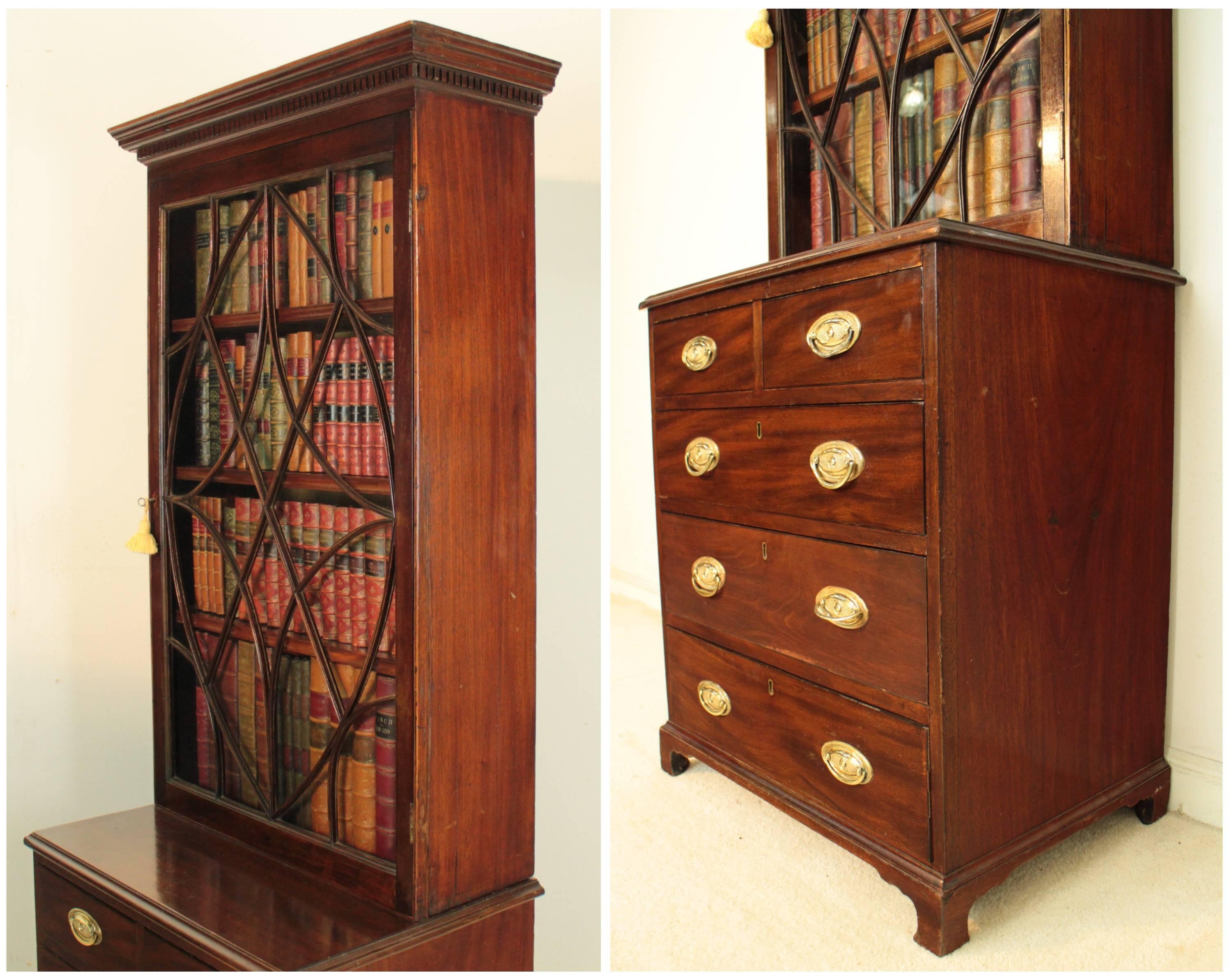 19th Century Narrow Mahogany Astragal Glazed Bookcase on Chest 4