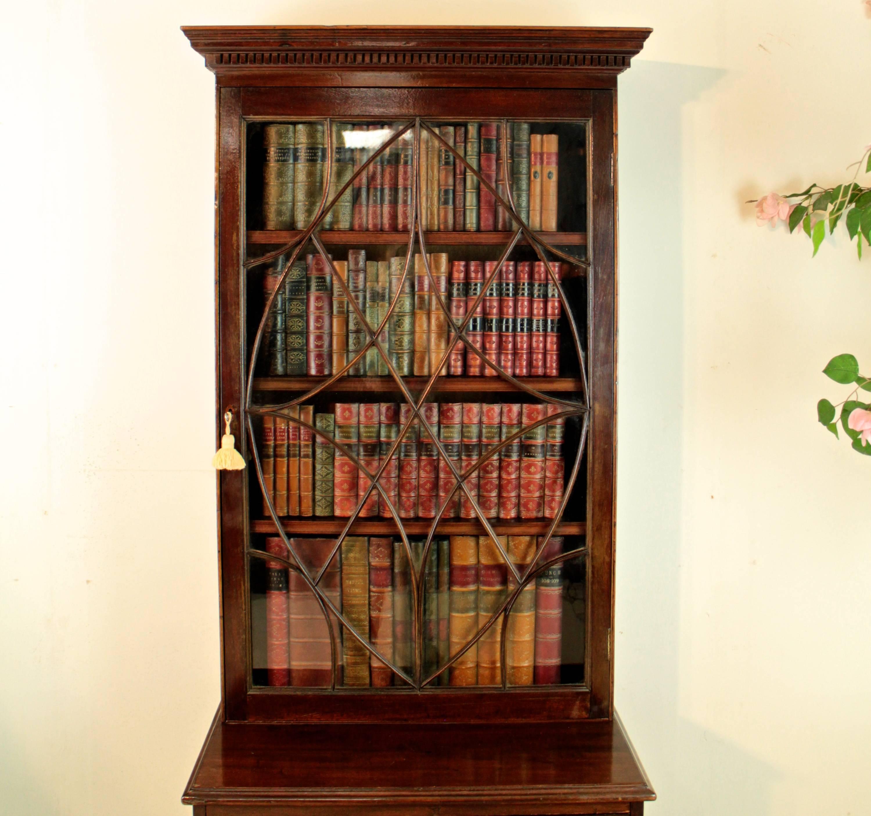 Hepplewhite 19th Century Narrow Mahogany Astragal Glazed Bookcase on Chest