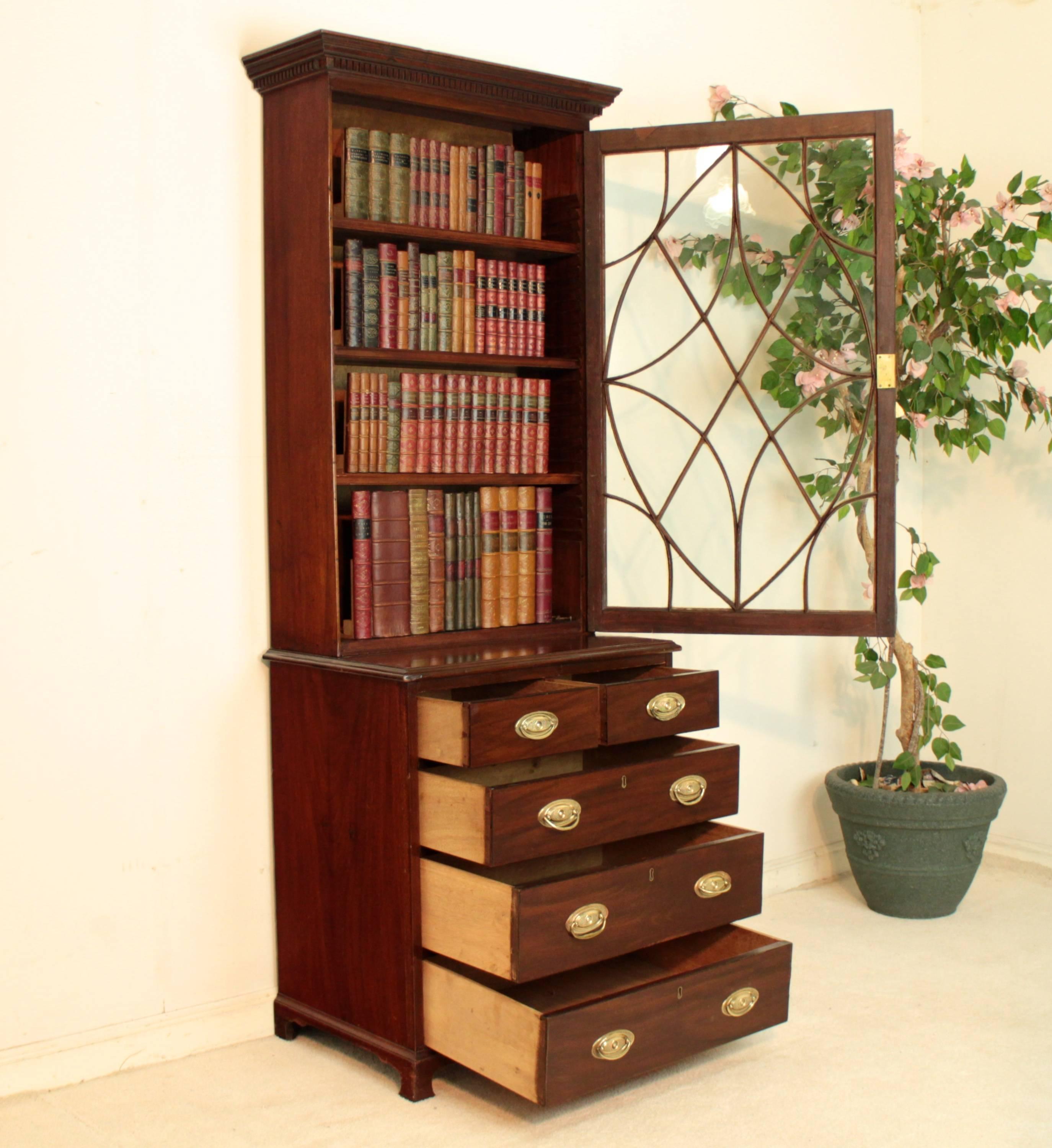 19th Century Narrow Mahogany Astragal Glazed Bookcase on Chest 3