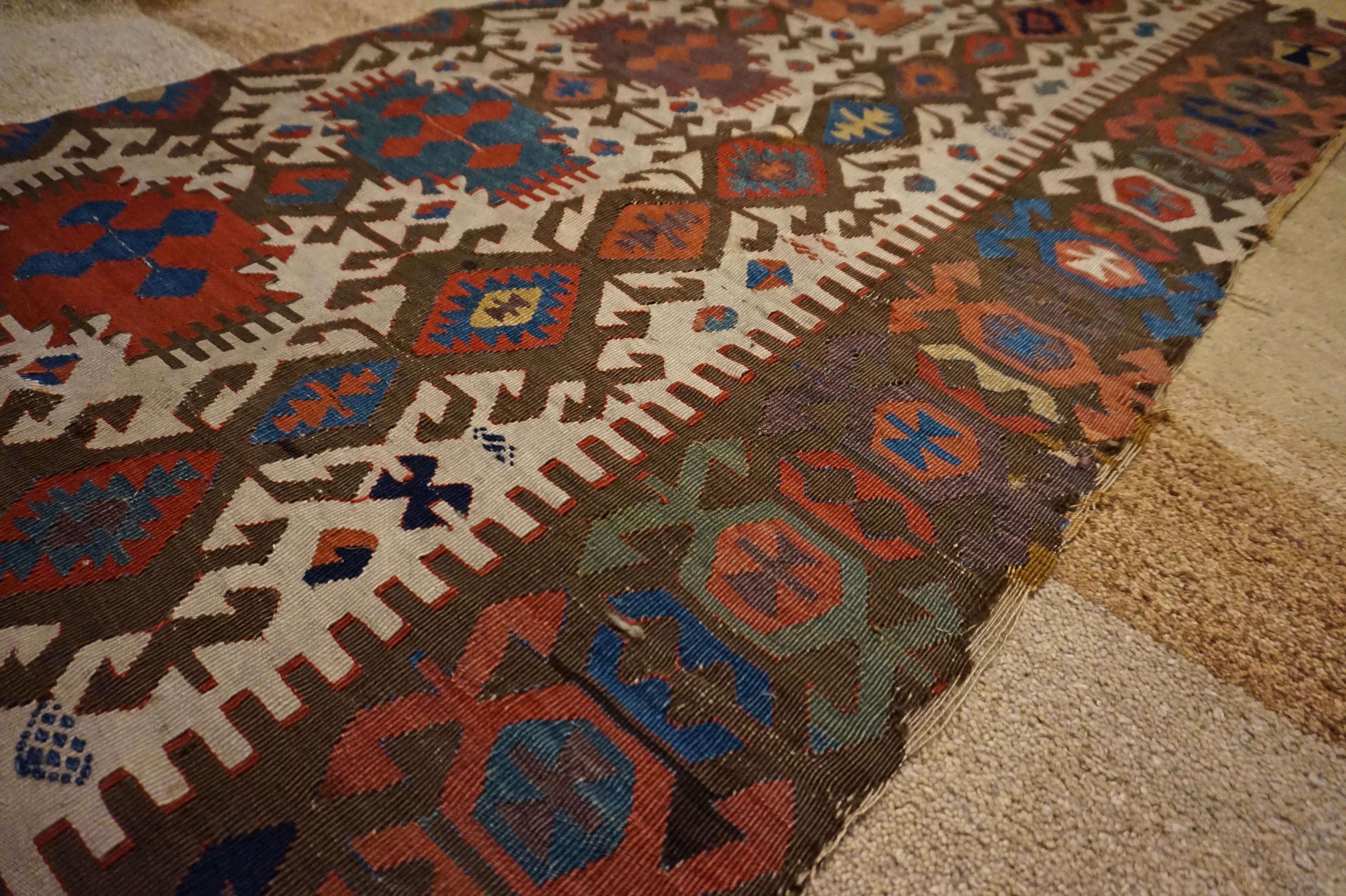 19th Century Natural Dyes Hand Knotted Caucasus Sumak Kilim Panel Tapestry For Sale 4