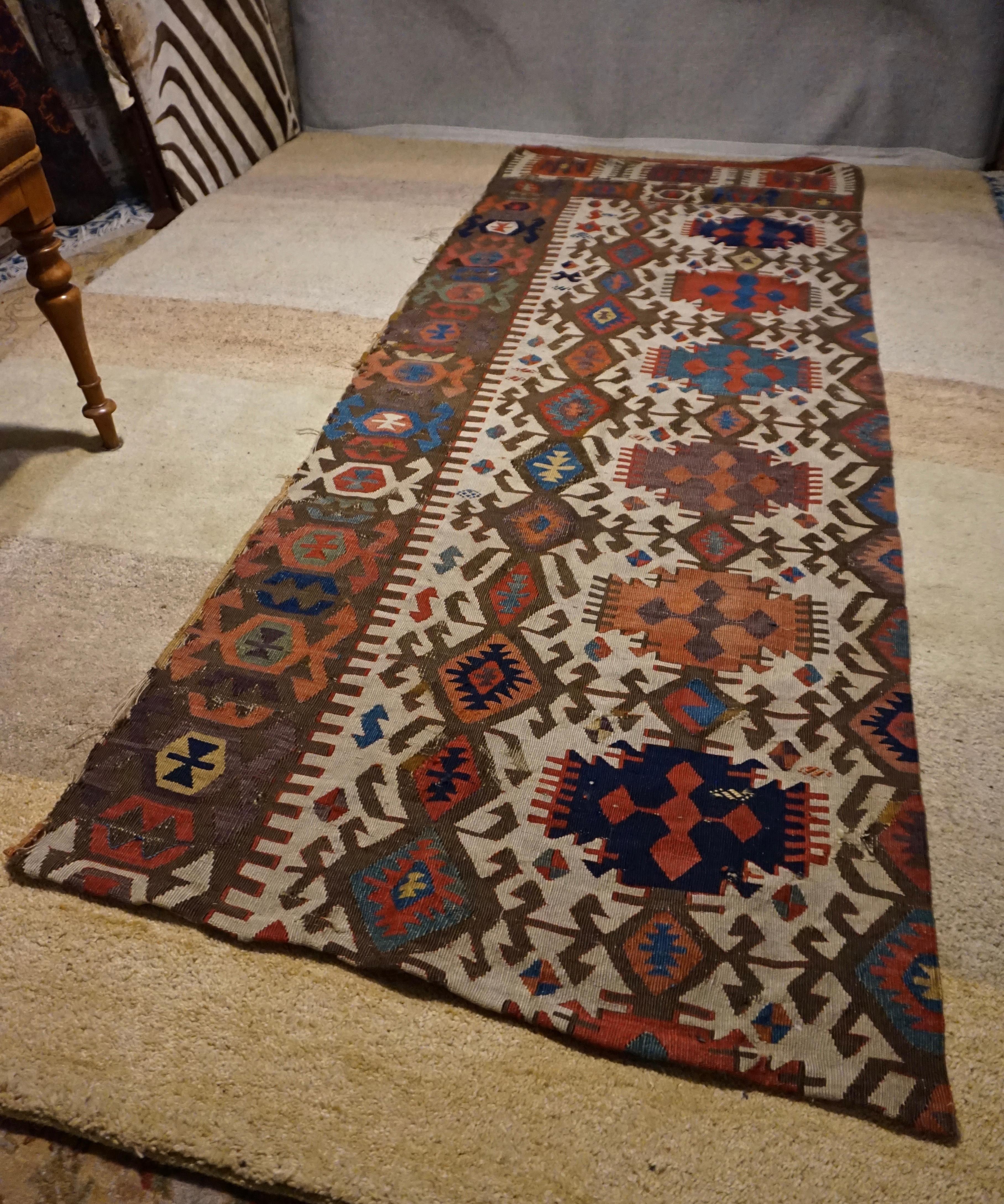 Caucasian 19th Century Natural Dyes Hand Knotted Caucasus Sumak Kilim Panel Tapestry For Sale