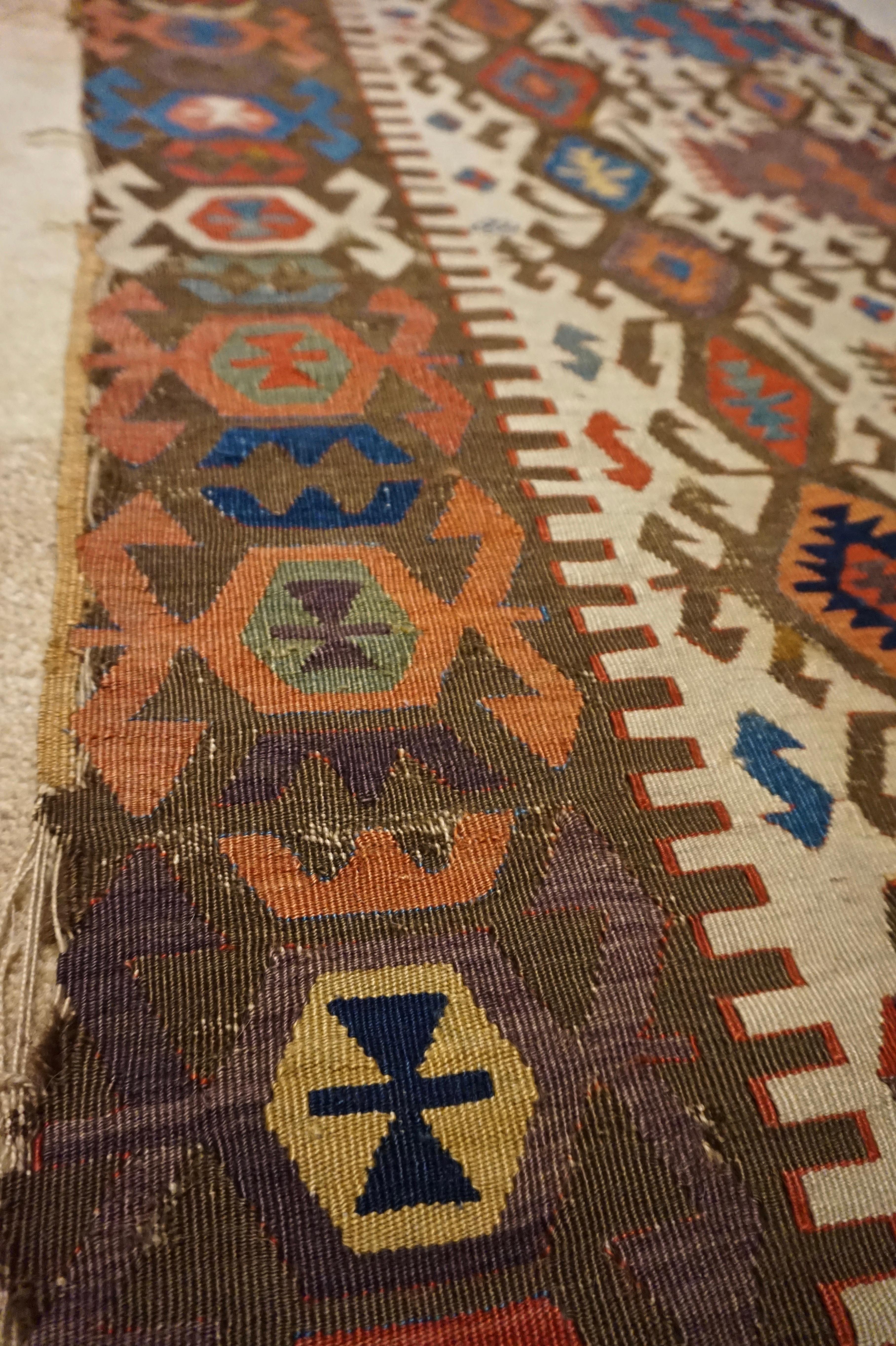 19th Century Natural Dyes Hand Knotted Caucasus Sumak Kilim Panel Tapestry In Good Condition For Sale In Vancouver, British Columbia