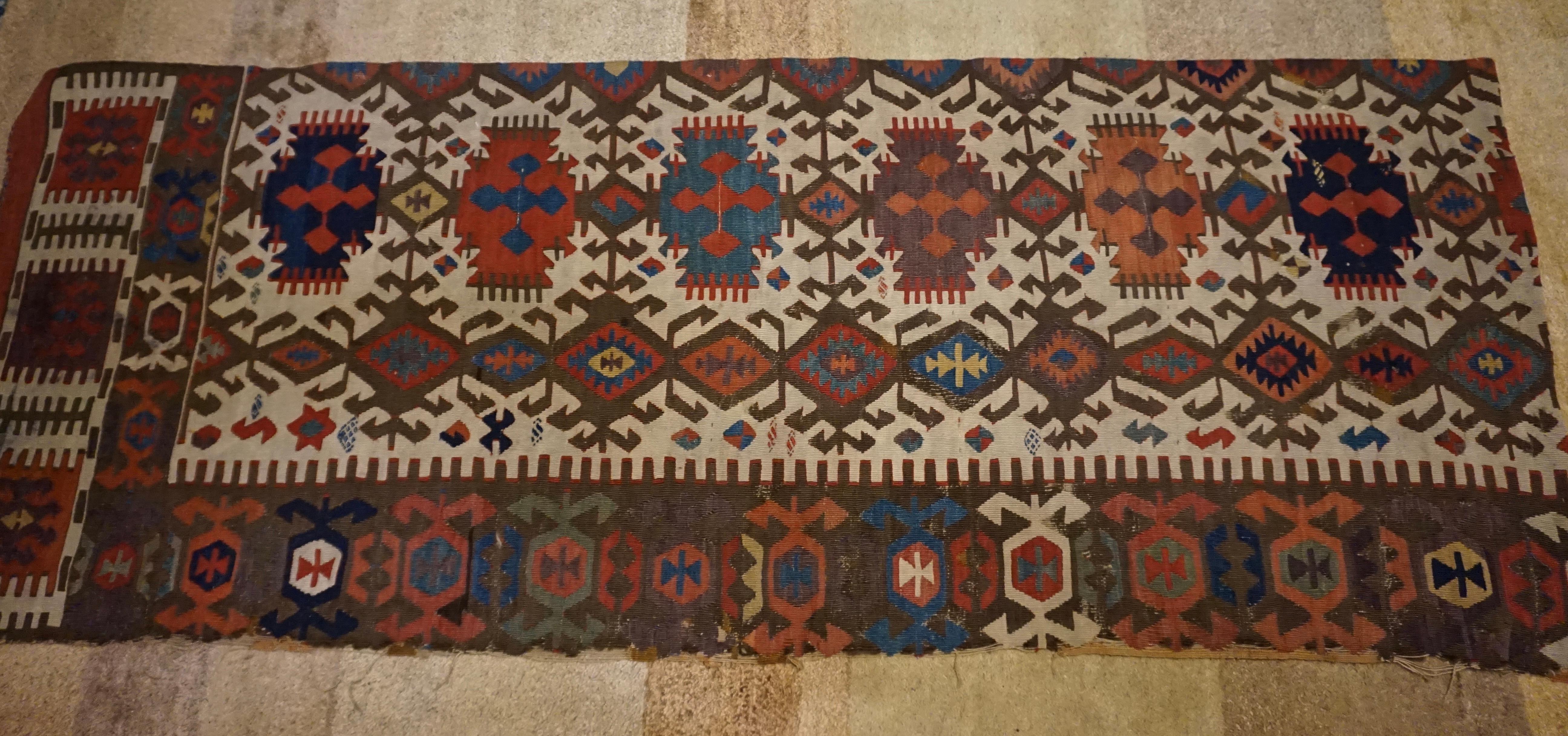 19th Century Natural Dyes Hand Knotted Caucasus Sumak Kilim Panel Tapestry For Sale 2