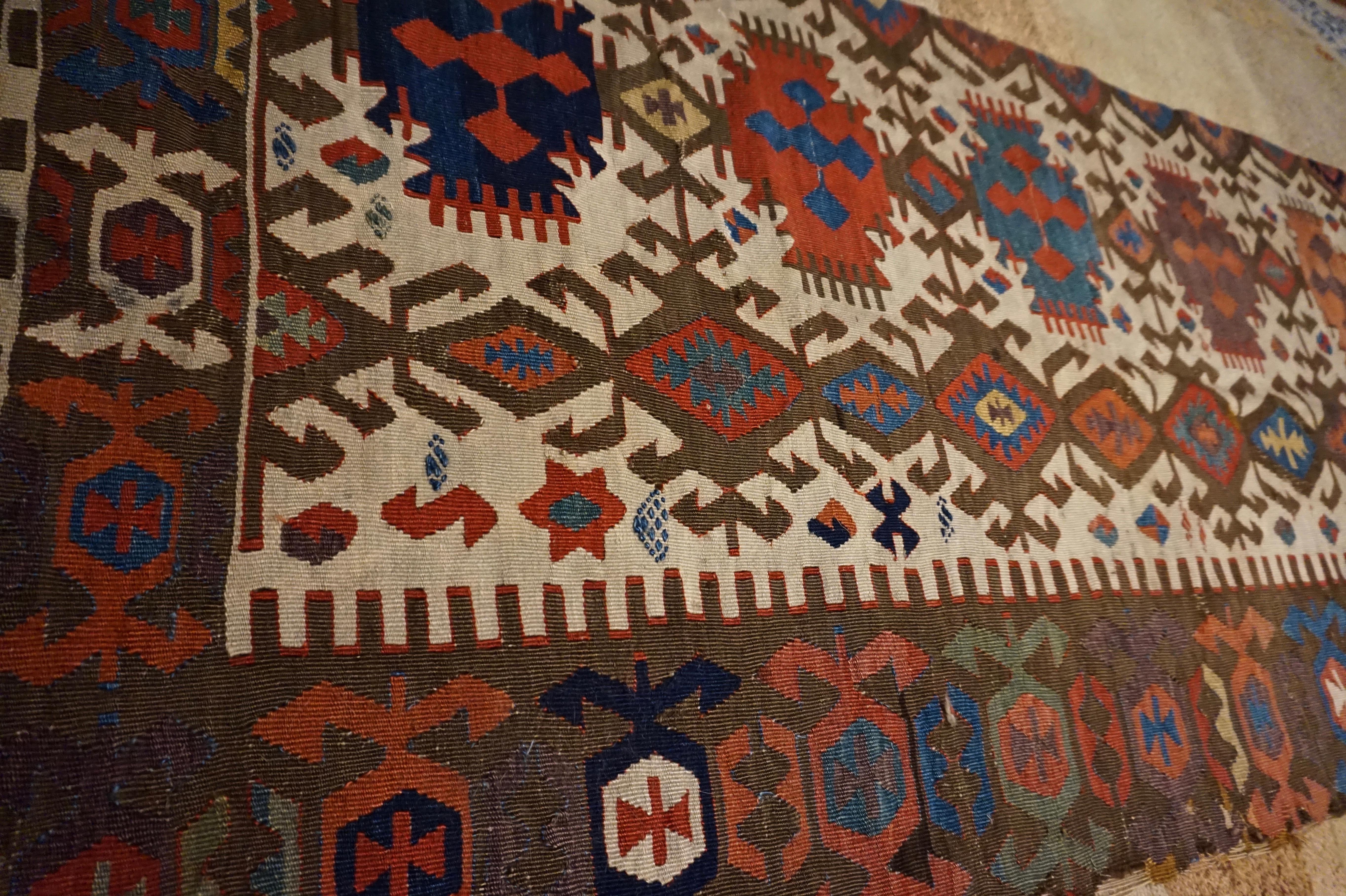 19th Century Natural Dyes Hand Knotted Caucasus Sumak Kilim Panel Tapestry For Sale 3