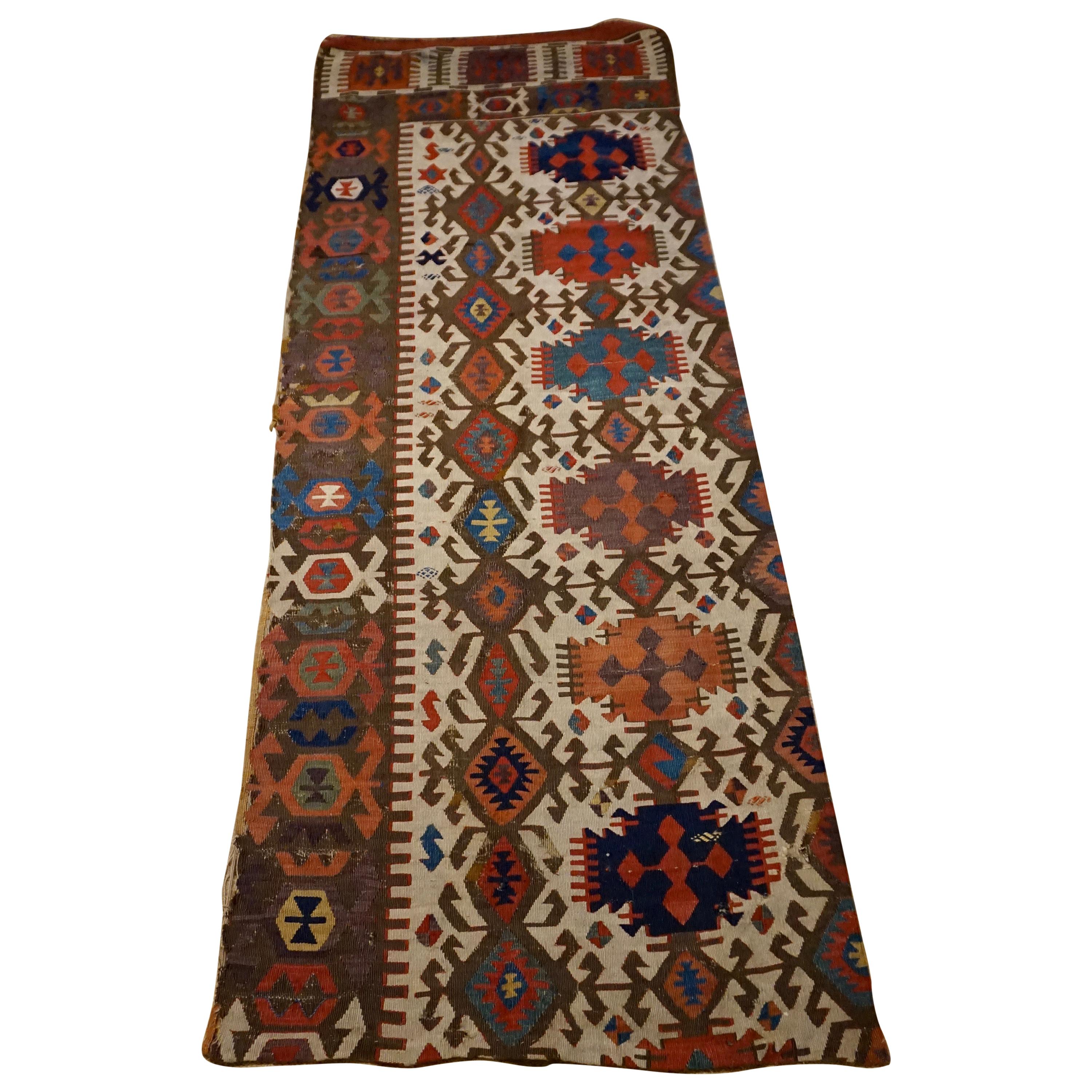 19th Century Natural Dyes Hand Knotted Caucasus Sumak Kilim Panel Tapestry