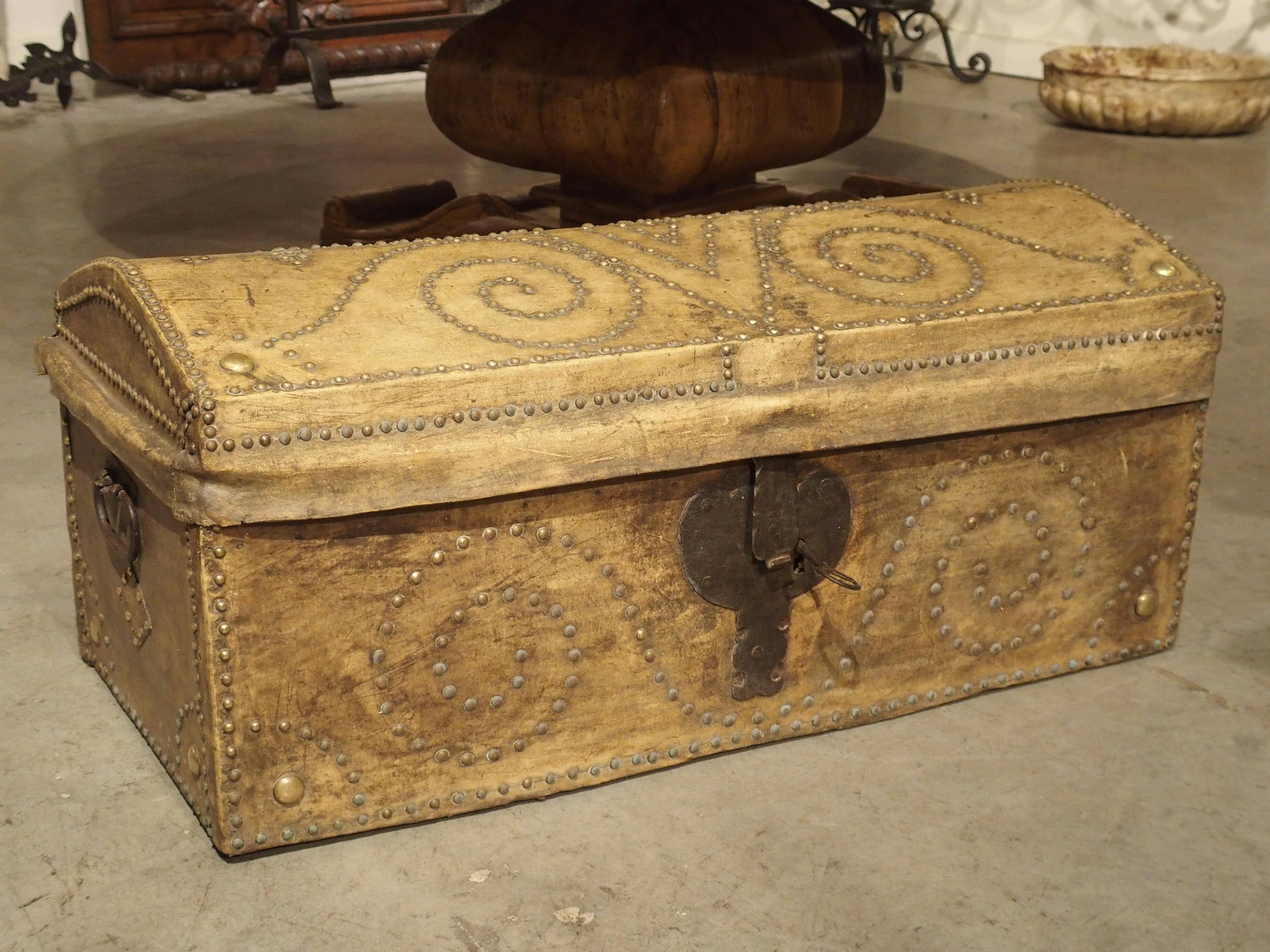 19th Century Natural Leather and Brass Studded Spanish Trunk 14