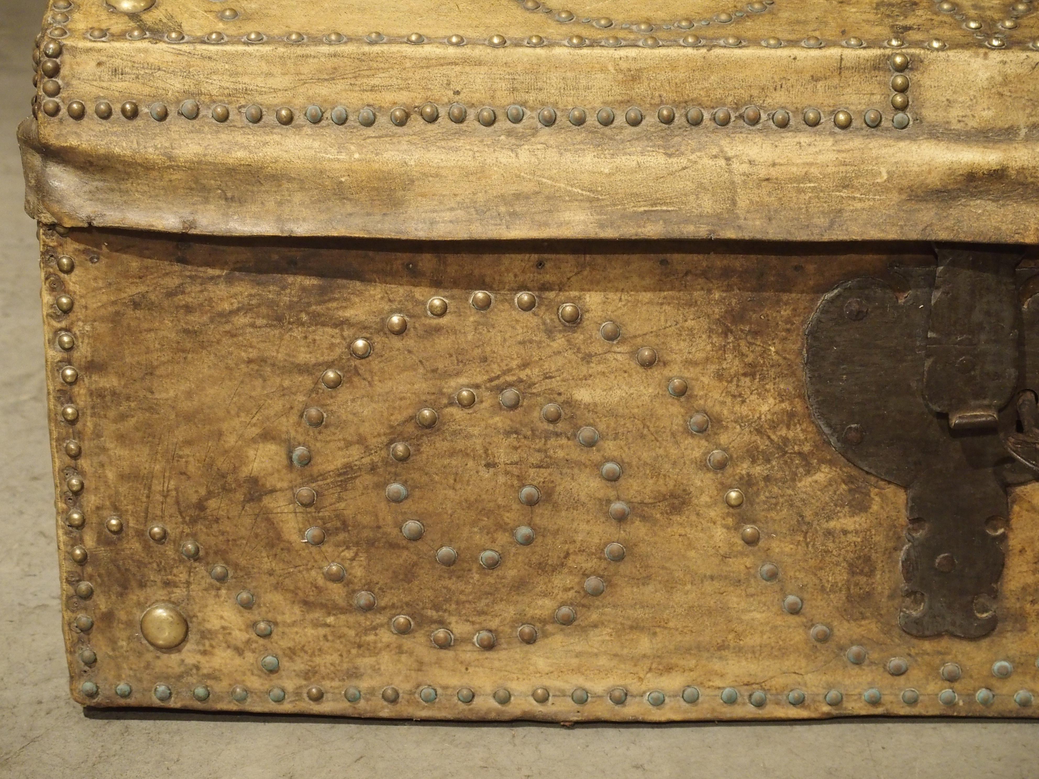 19th Century Natural Leather and Brass Studded Spanish Trunk In Good Condition In Dallas, TX