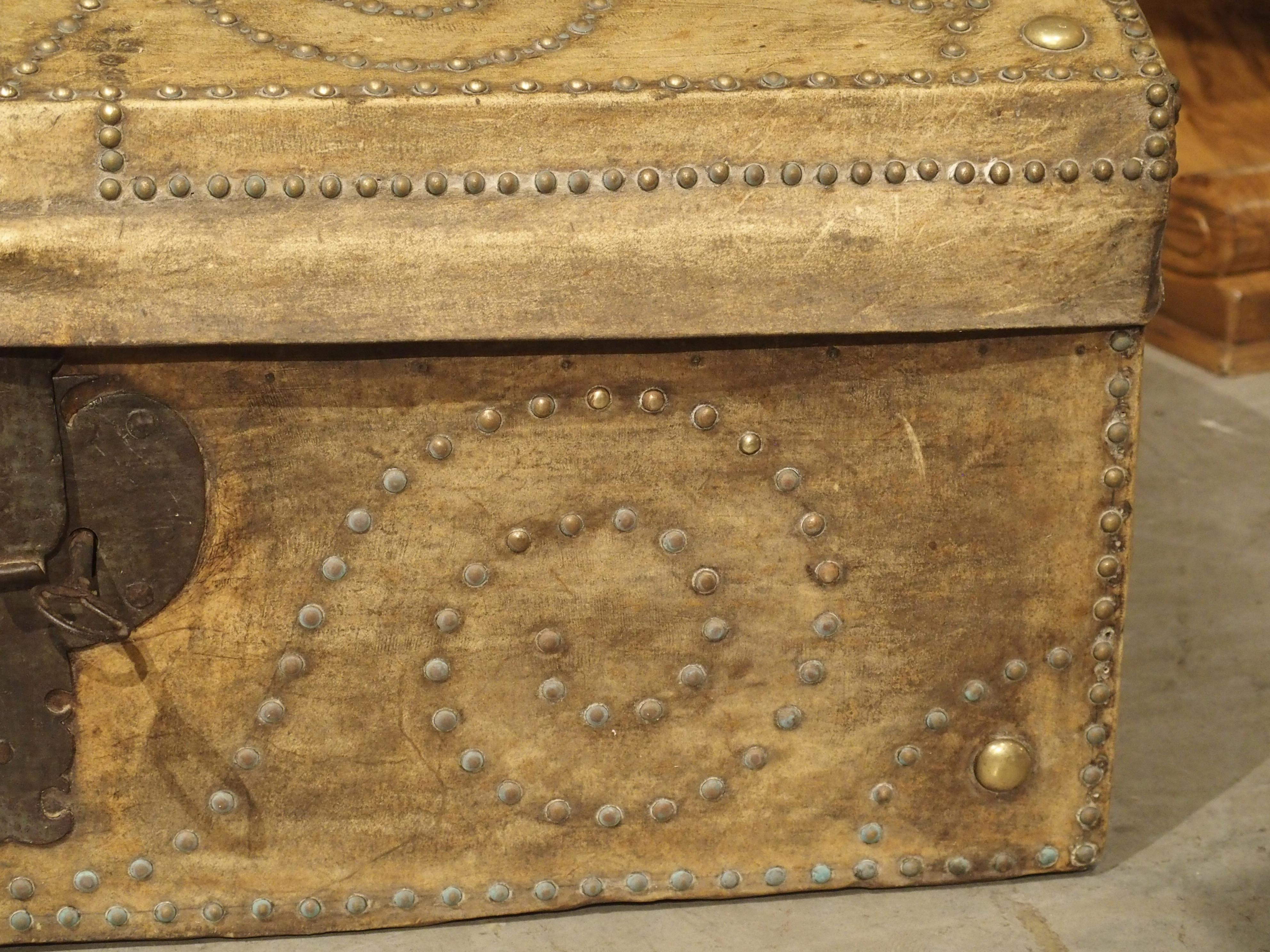 19th Century Natural Leather and Brass Studded Spanish Trunk 1