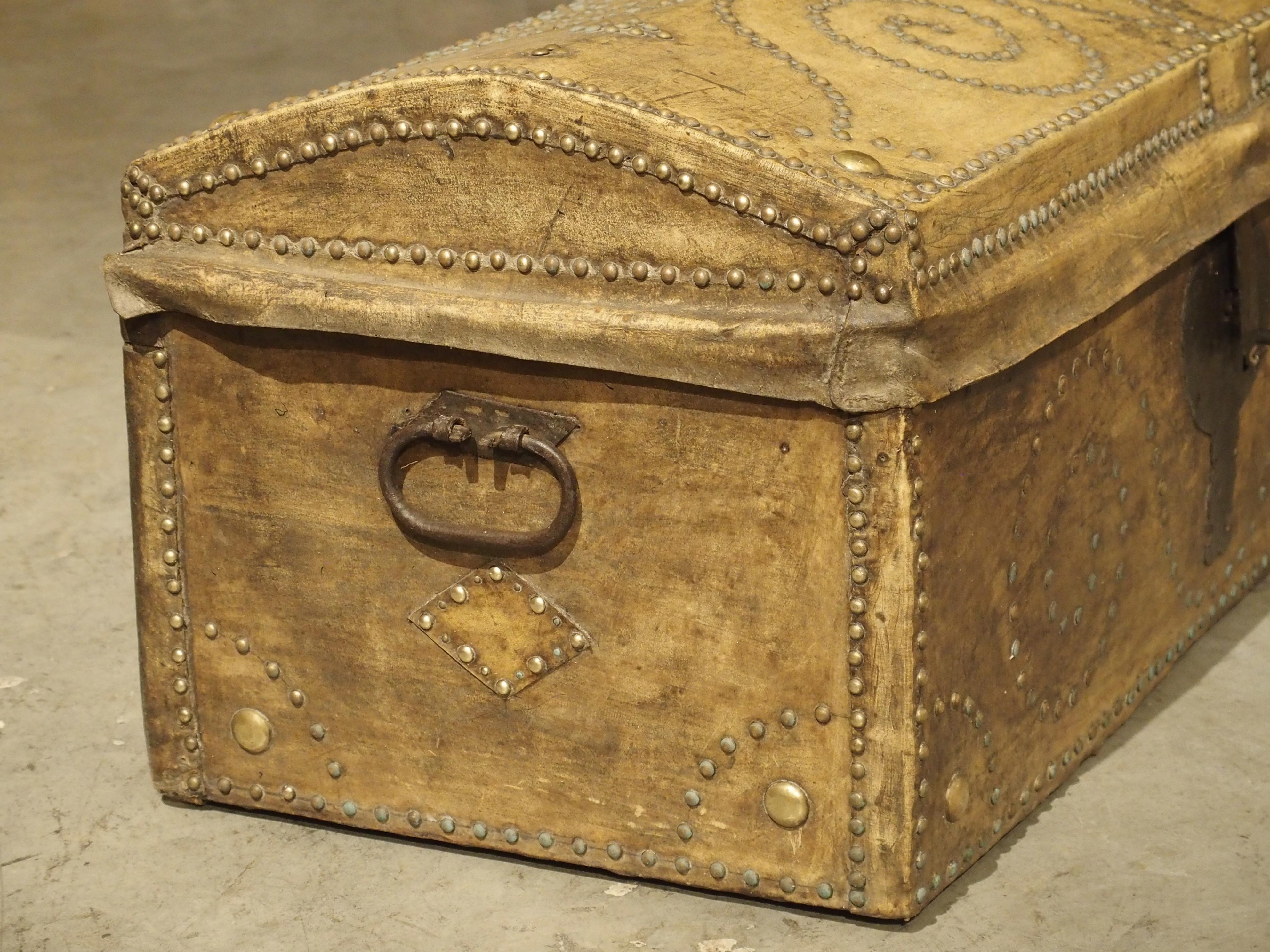 19th Century Natural Leather and Brass Studded Spanish Trunk 3