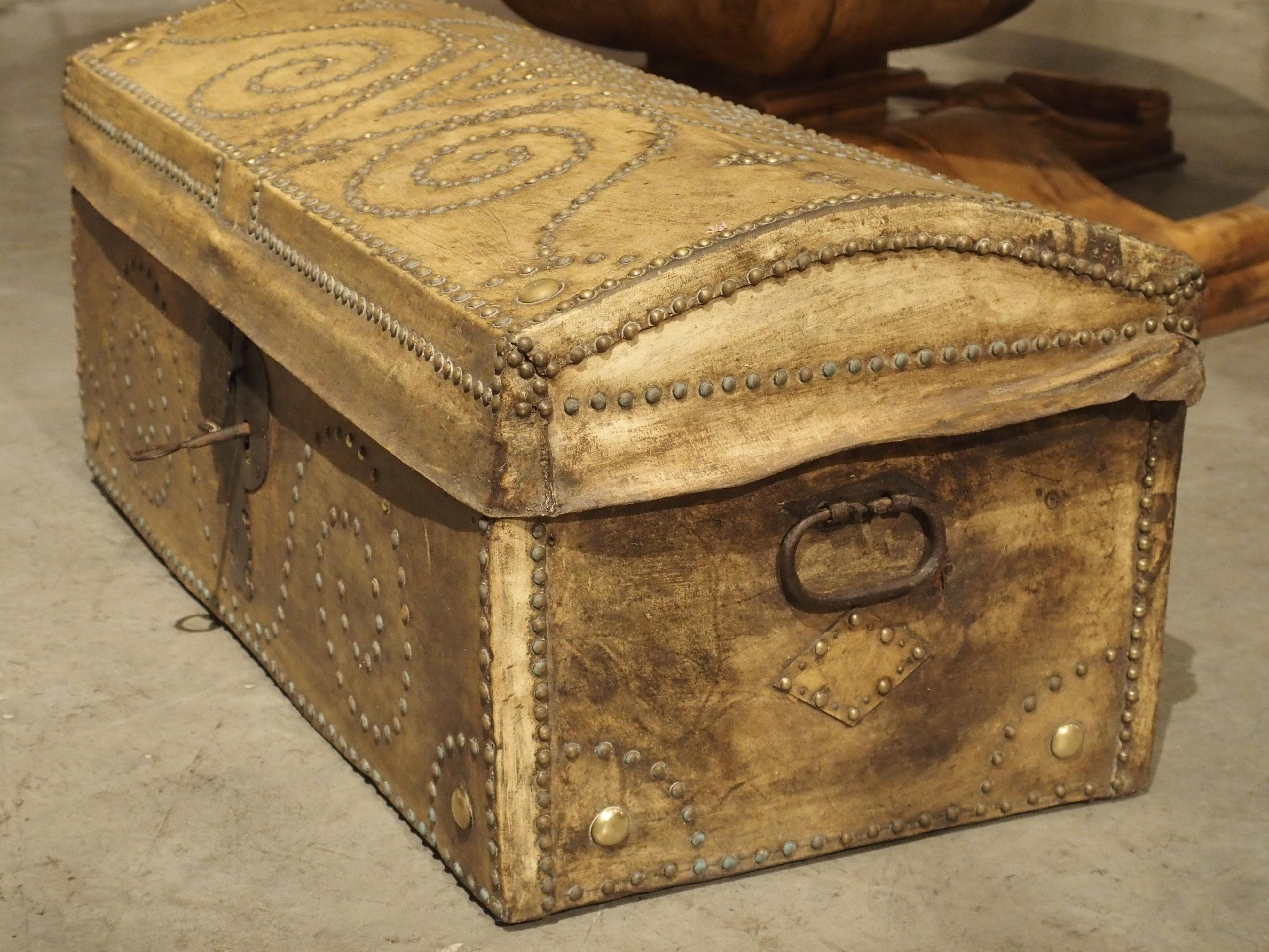 19th Century Natural Leather and Brass Studded Spanish Trunk 6