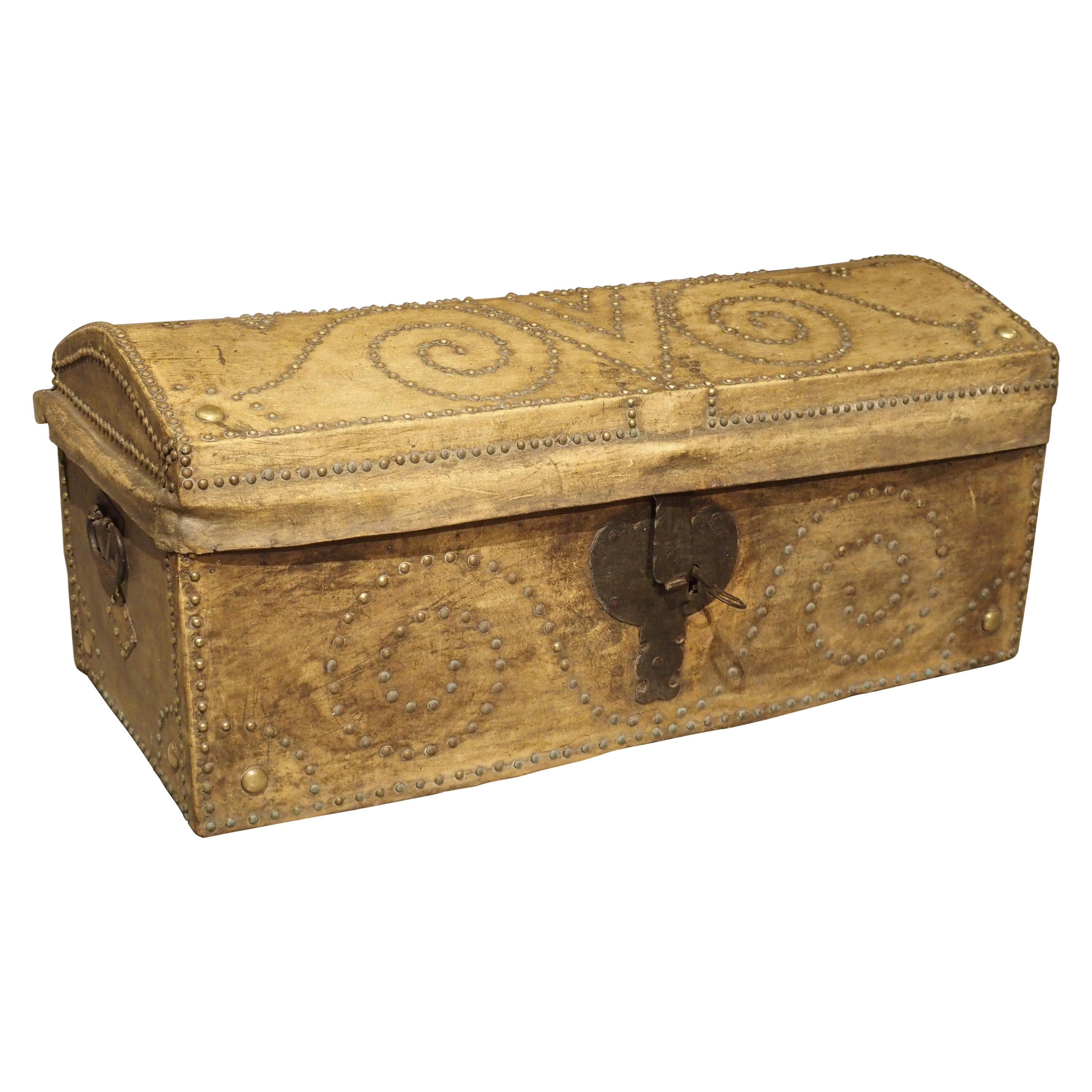 19th Century Natural Leather and Brass Studded Spanish Trunk