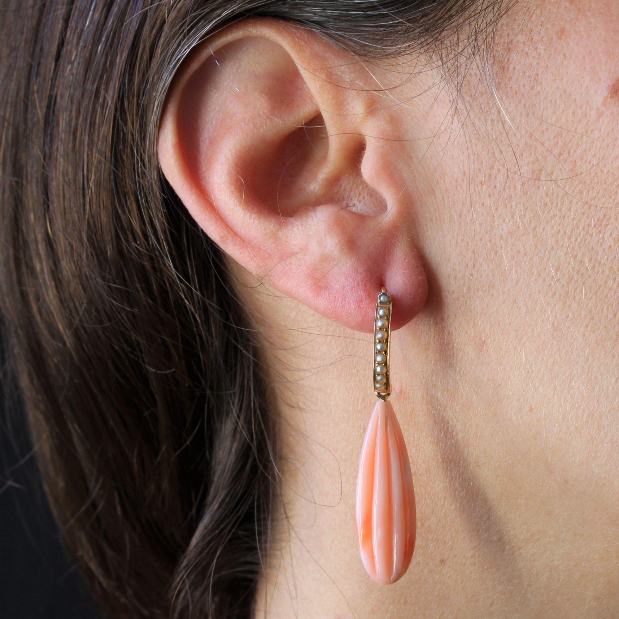 19. Jahrhundert Natürliche Perle Engelshaut Koralle 18 Karat Roségold Ohrringe Damen im Angebot