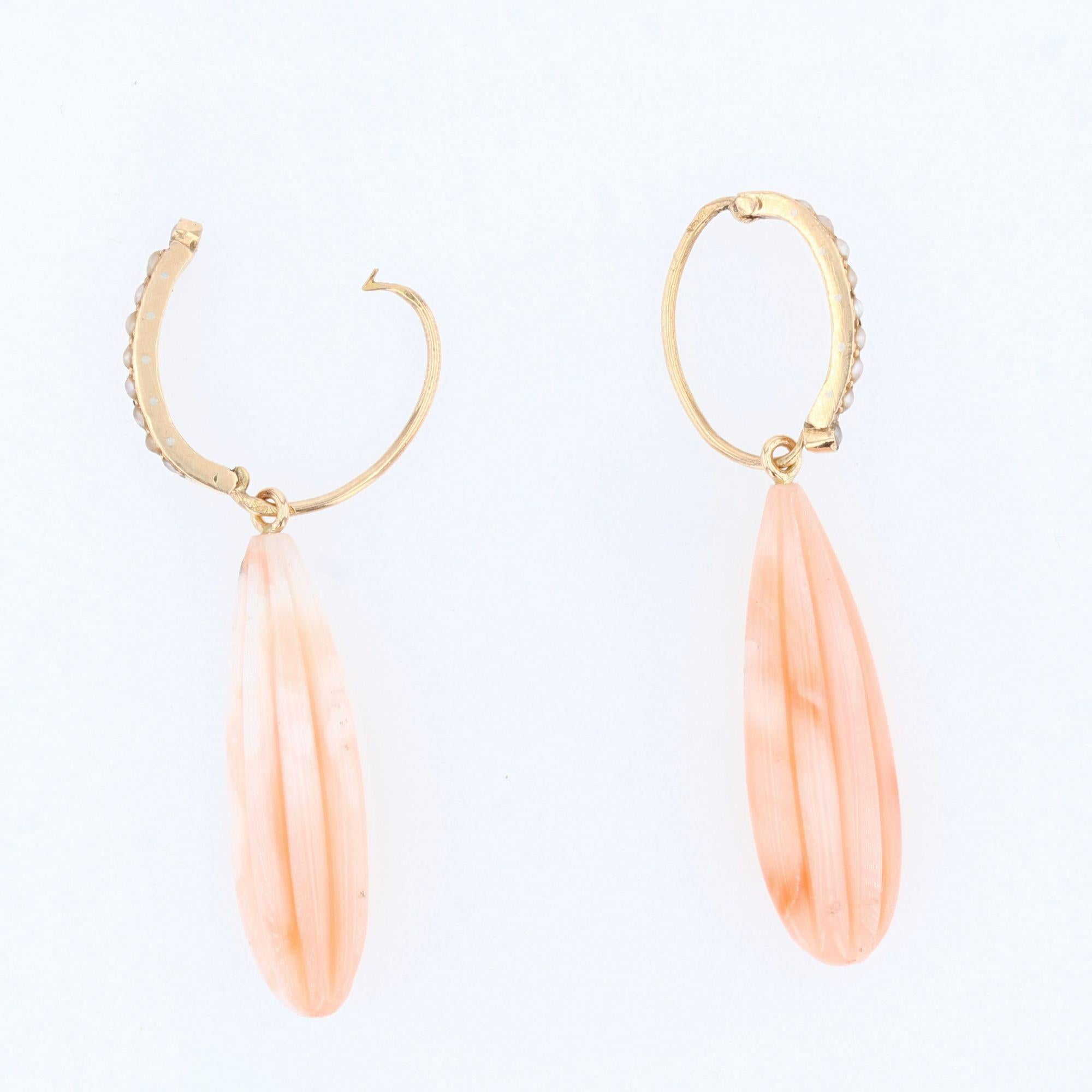 Women's 19th Century Natural Pearl Angel Skin Coral 18 Karat Rose Gold Dangle Earrings For Sale