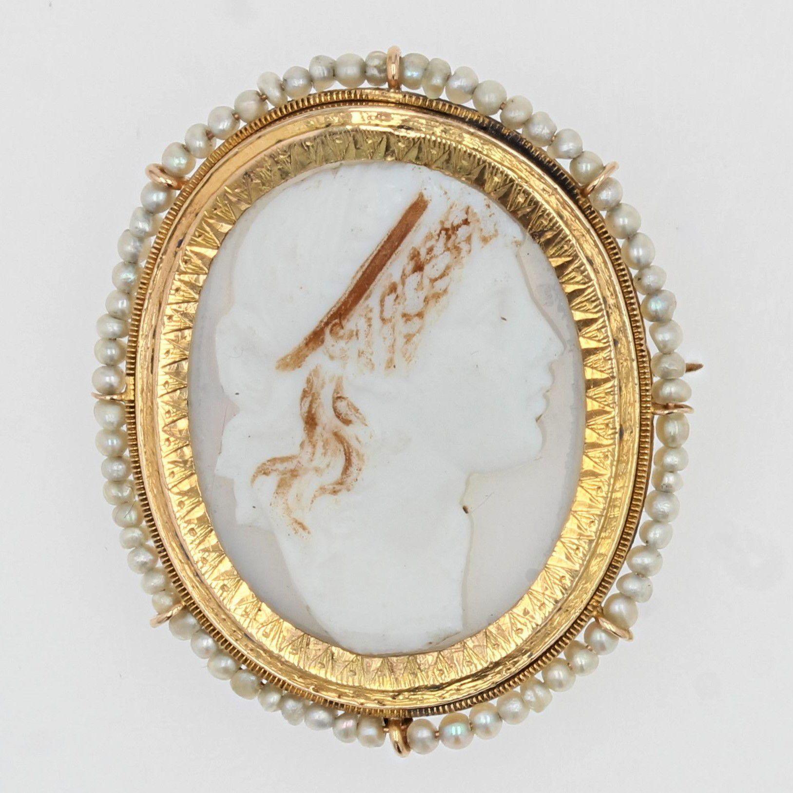 19th Century Natural Pearl Cameo Yellow Gold Brooch For Sale 7