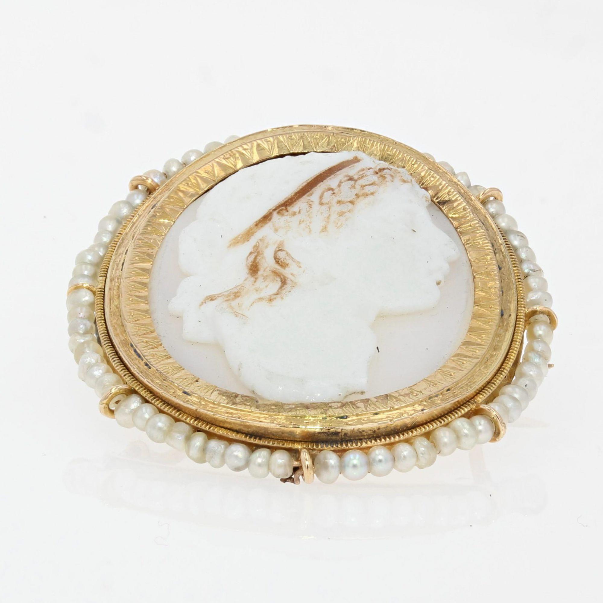 Empire 19th Century Natural Pearl Cameo Yellow Gold Brooch For Sale