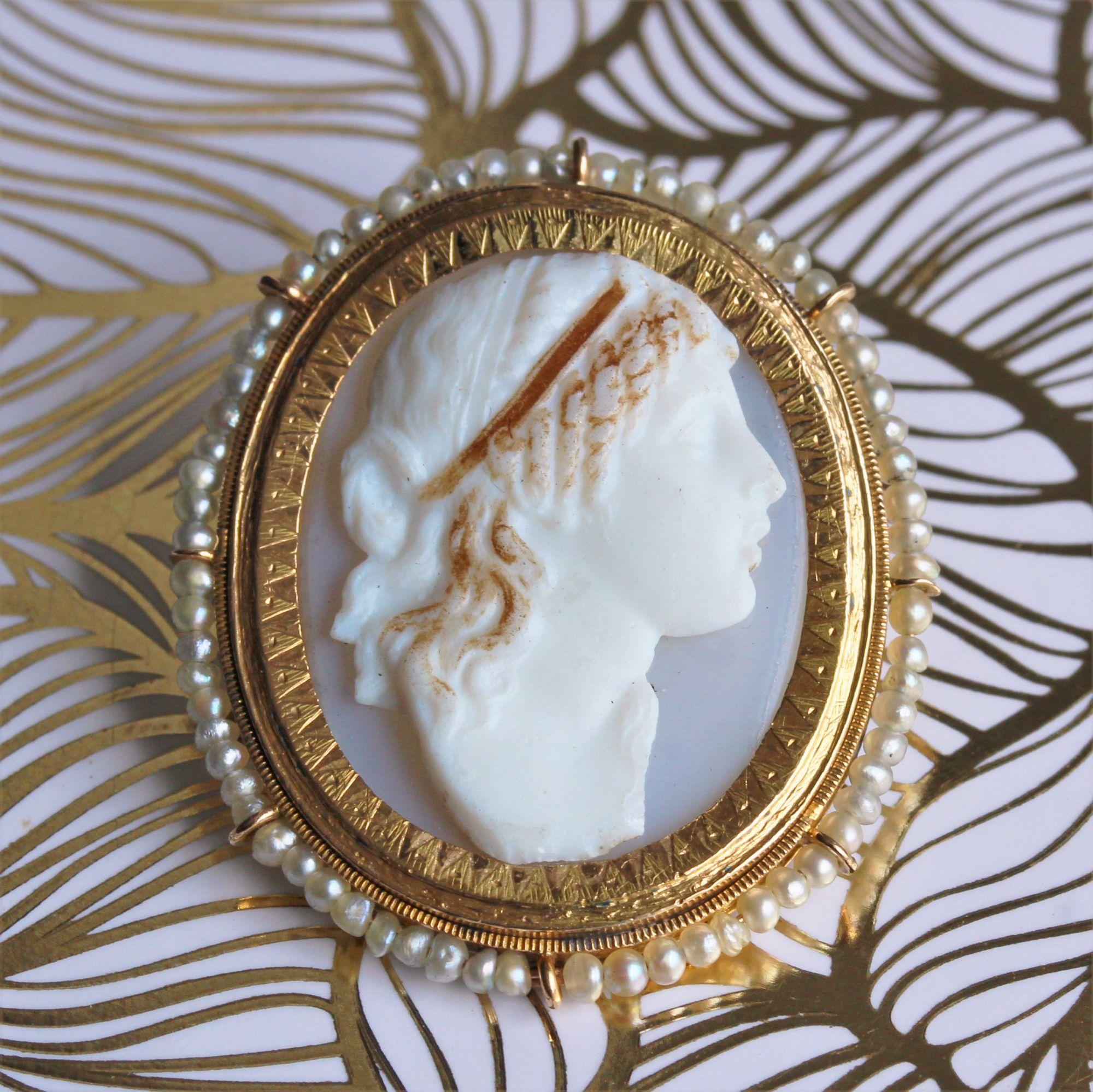 Women's 19th Century Natural Pearl Cameo Yellow Gold Brooch For Sale