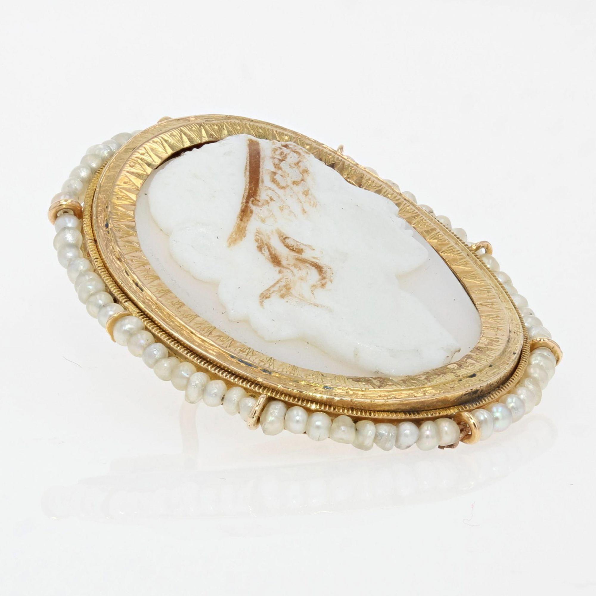 19th Century Natural Pearl Cameo Yellow Gold Brooch For Sale 3