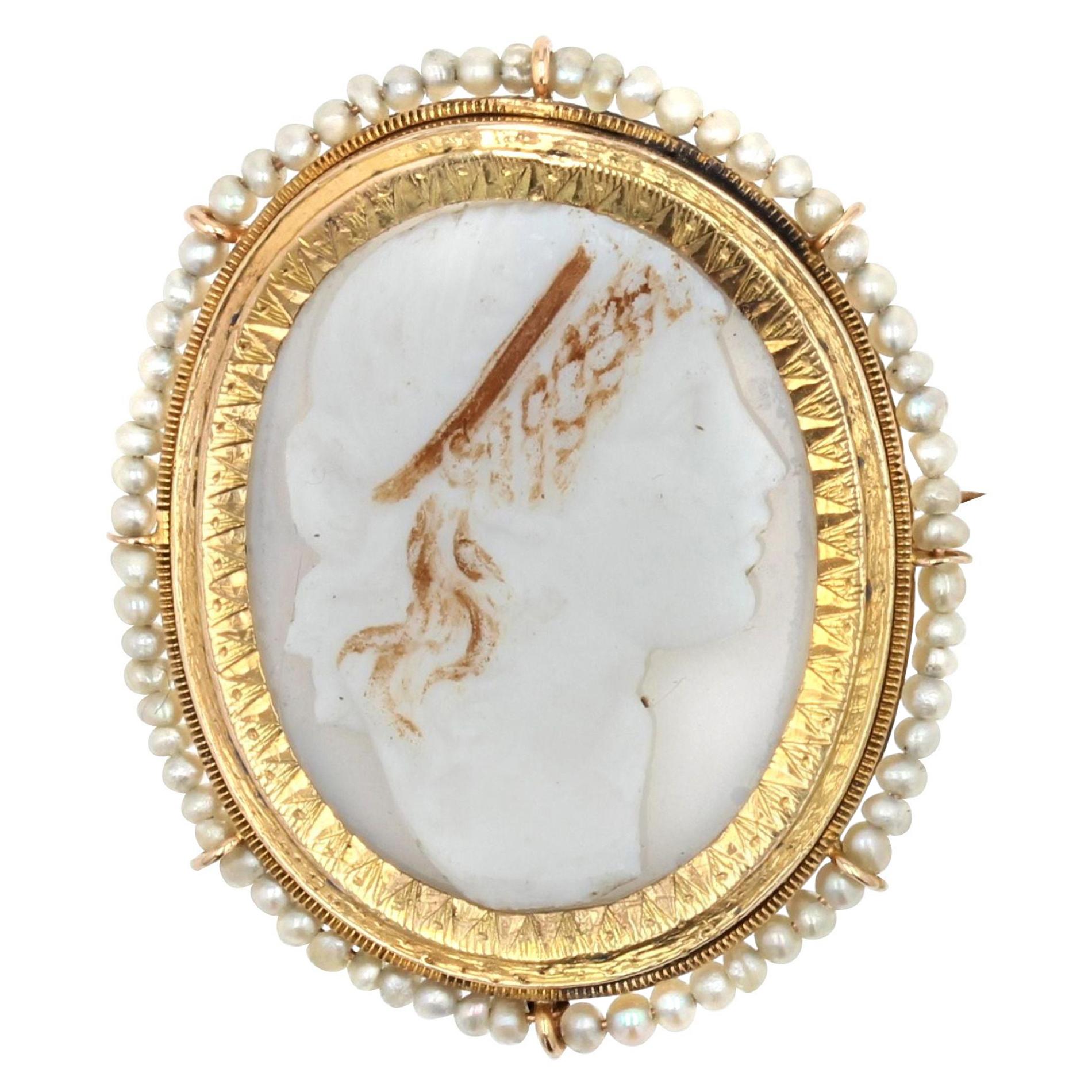 19th Century Natural Pearl Cameo Yellow Gold Brooch For Sale