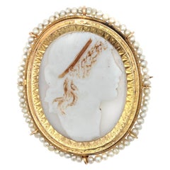 Antique 19th Century Natural Pearl Cameo Yellow Gold Brooch