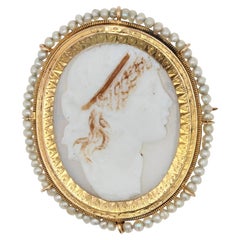 19th Century Natural Pearl Cameo Yellow Gold Brooch