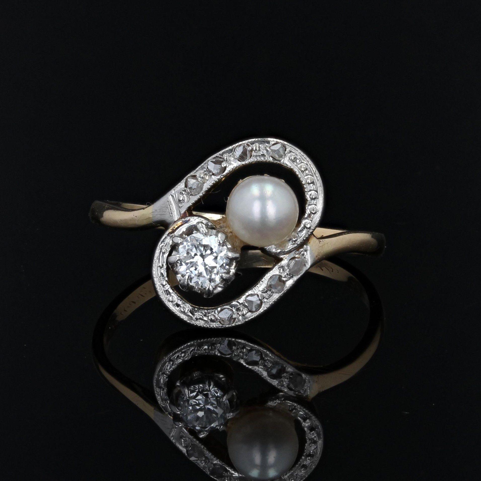 Duo-Ring, Naturperle Diamant, 18 Karat Gelbgold, 19. Jahrhundert (Napoleon III.) im Angebot