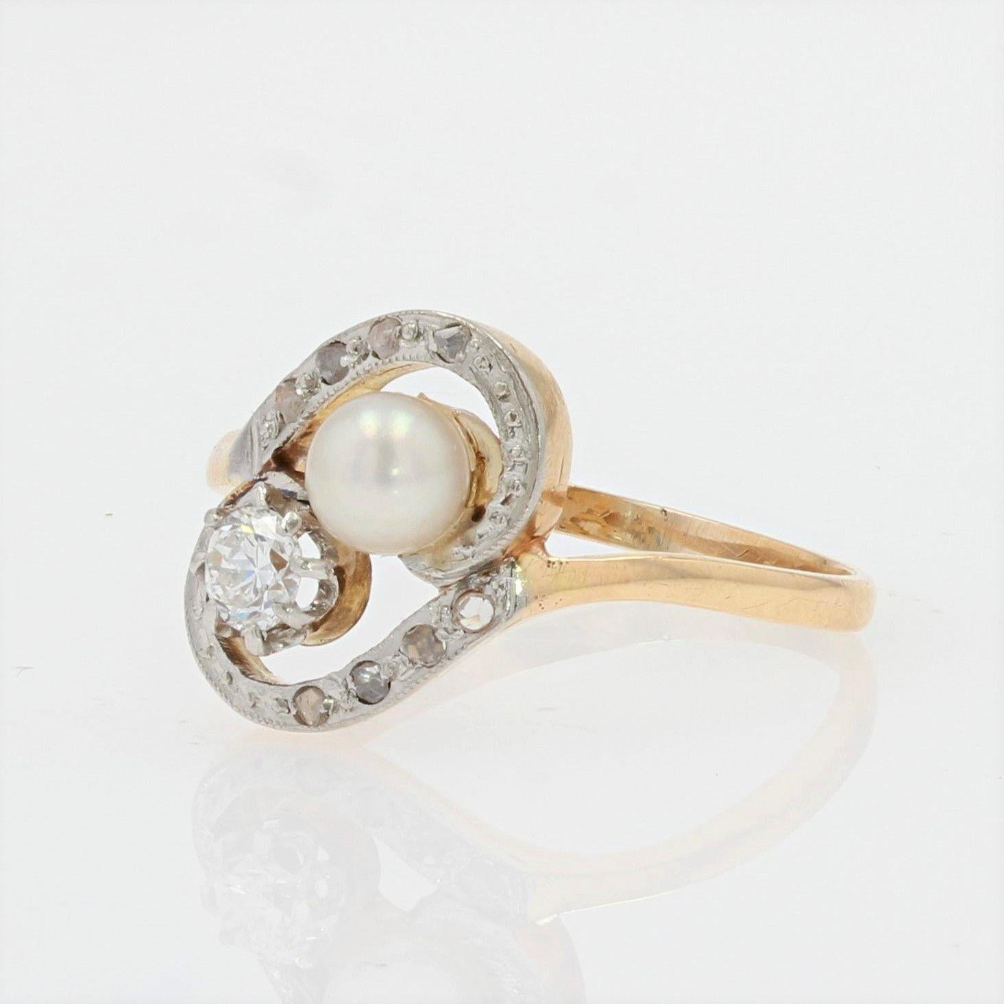 Duo-Ring, Naturperle Diamant, 18 Karat Gelbgold, 19. Jahrhundert Damen im Angebot