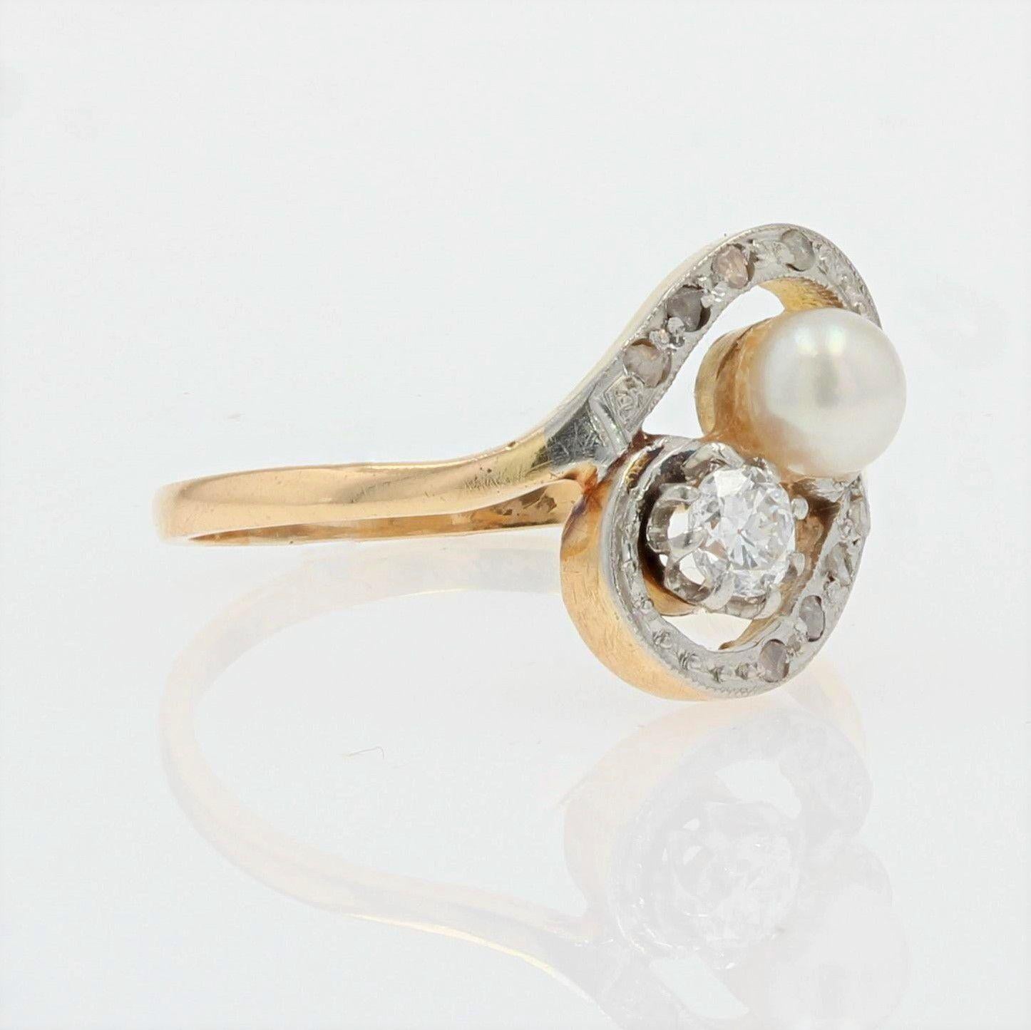 Duo-Ring, Naturperle Diamant, 18 Karat Gelbgold, 19. Jahrhundert im Angebot 2