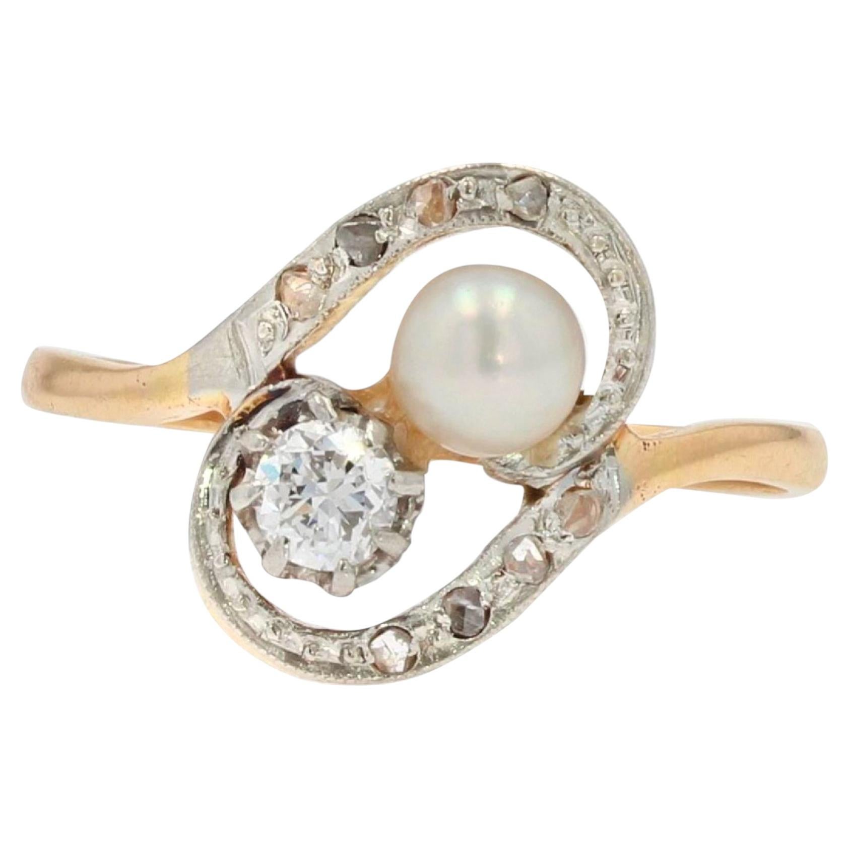 Anello Duo in oro giallo 18 carati con perle naturali del XIX secolo e diamanti in vendita
