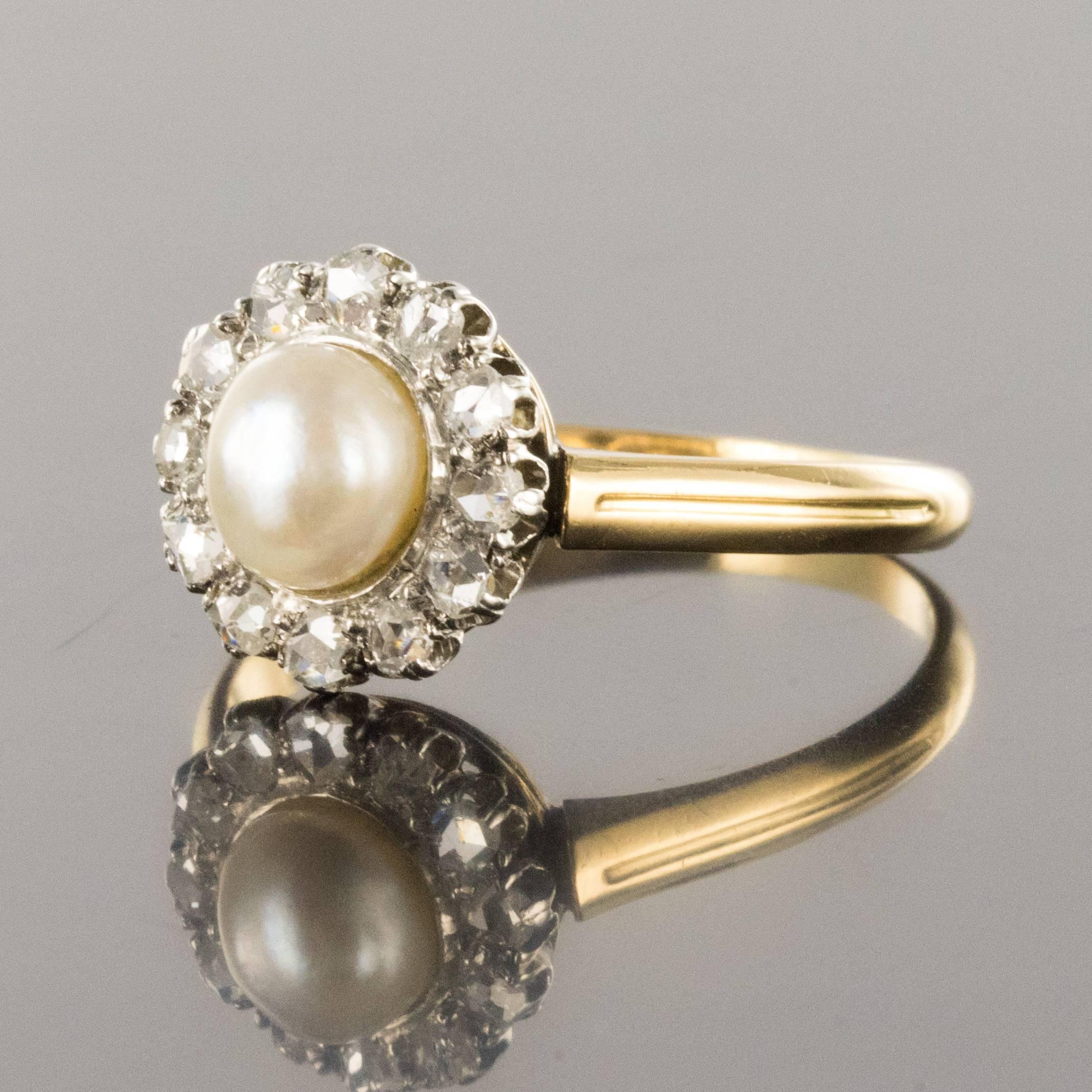 19th Century Natural Pearl Diamond Yellow Gold Cluster Ring In New Condition In Poitiers, FR