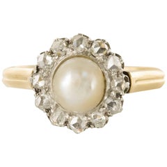 19th Century Natural Pearl Diamond Yellow Gold Cluster Ring
