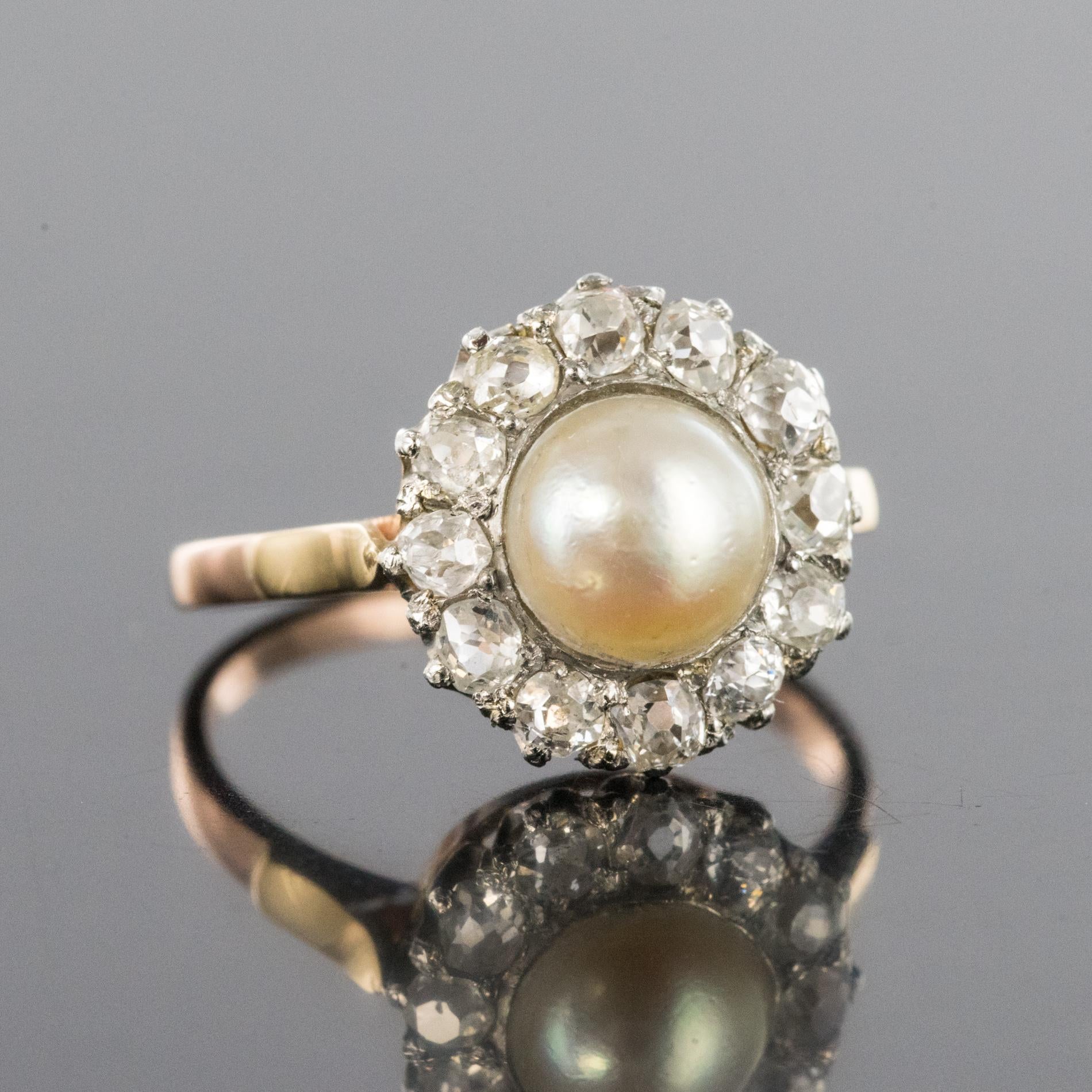 Napoleon III 19th Century Natural Pearl Diamonds 18 Karat Rose Gold Daisy Ring