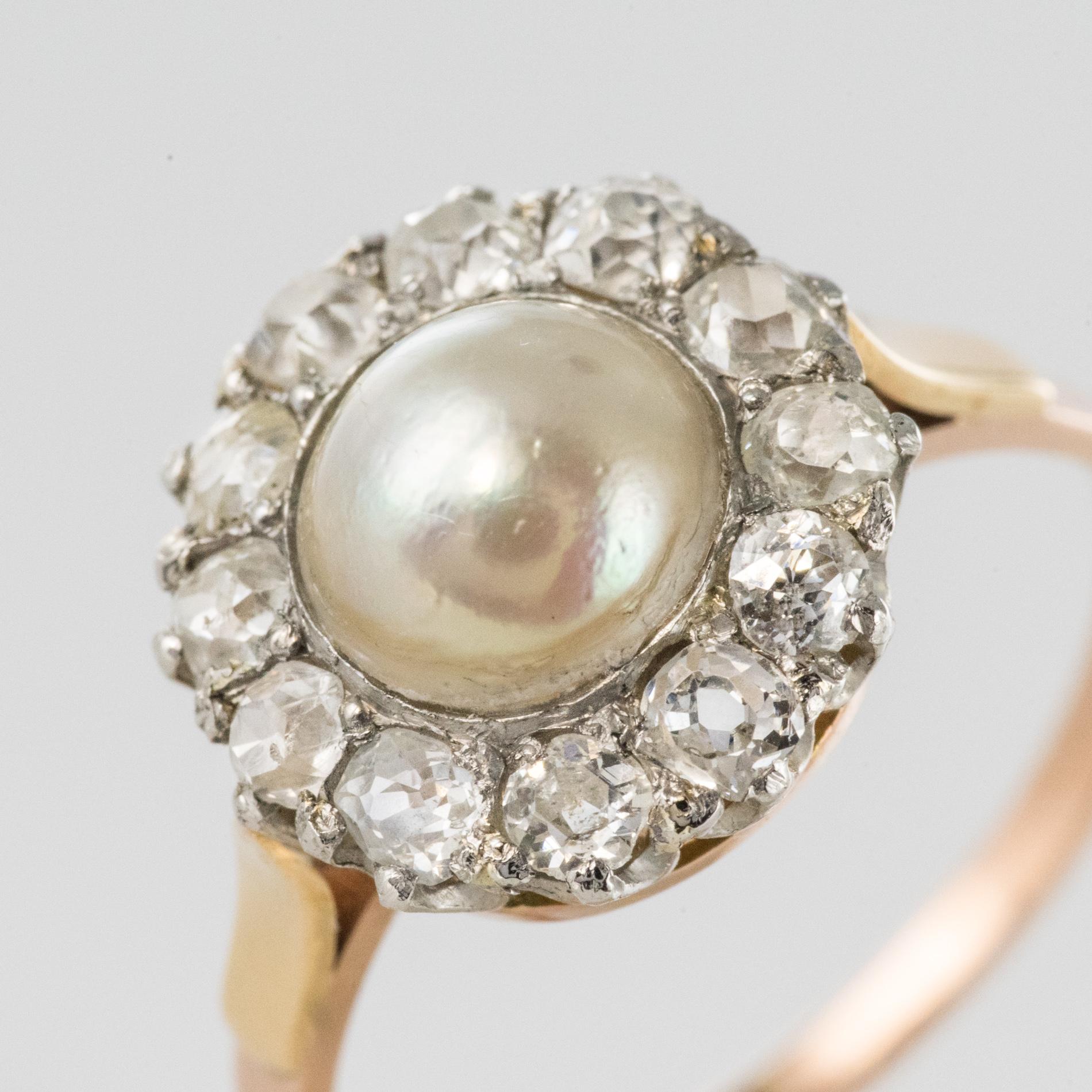19th Century Natural Pearl Diamonds 18 Karat Rose Gold Daisy Ring In Good Condition In Poitiers, FR