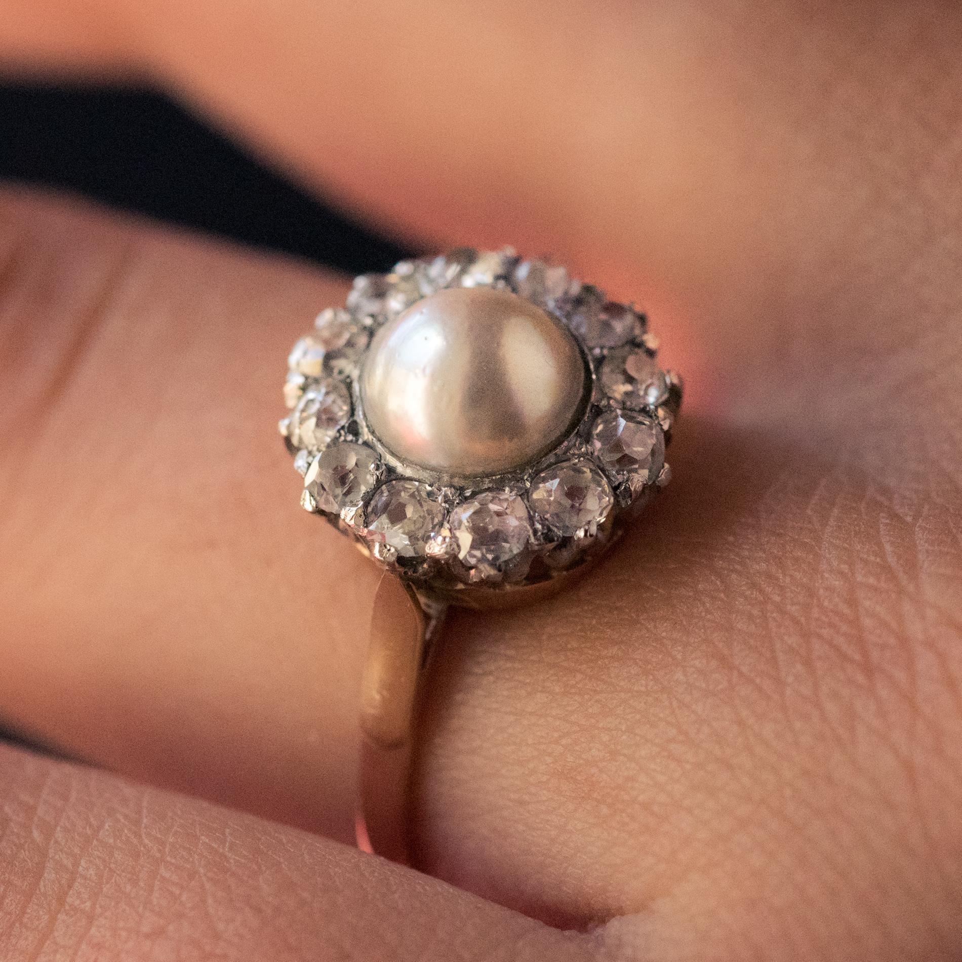 Women's 19th Century Natural Pearl Diamonds 18 Karat Rose Gold Daisy Ring
